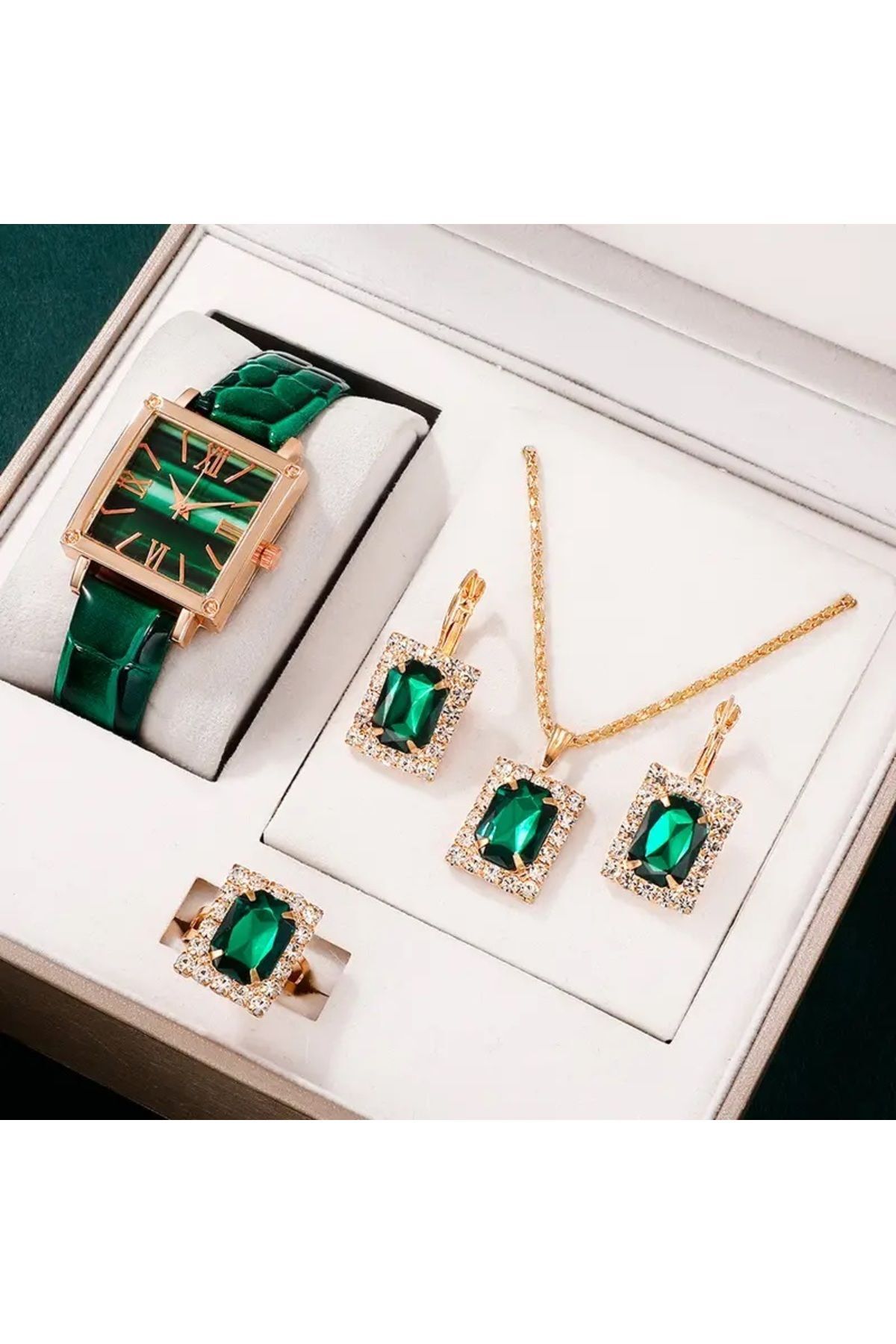Mumicemum Kadın Vintage Kare Kuvars Saat Analog  ve Kolye+Küpe+Yüzük Takı Seti, 5 adet/takım