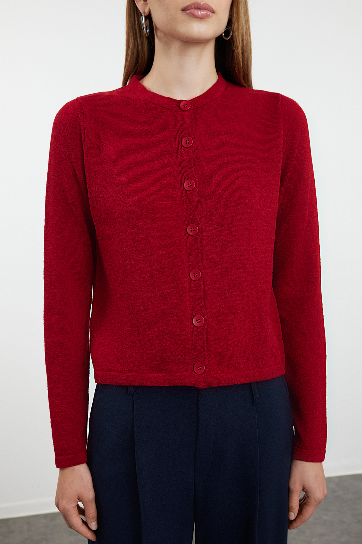 Trendyolmilla  Bordo Yünlü Ceket Görünümlü Triko Hırka TWOAW25HI00049 - Görsel 4