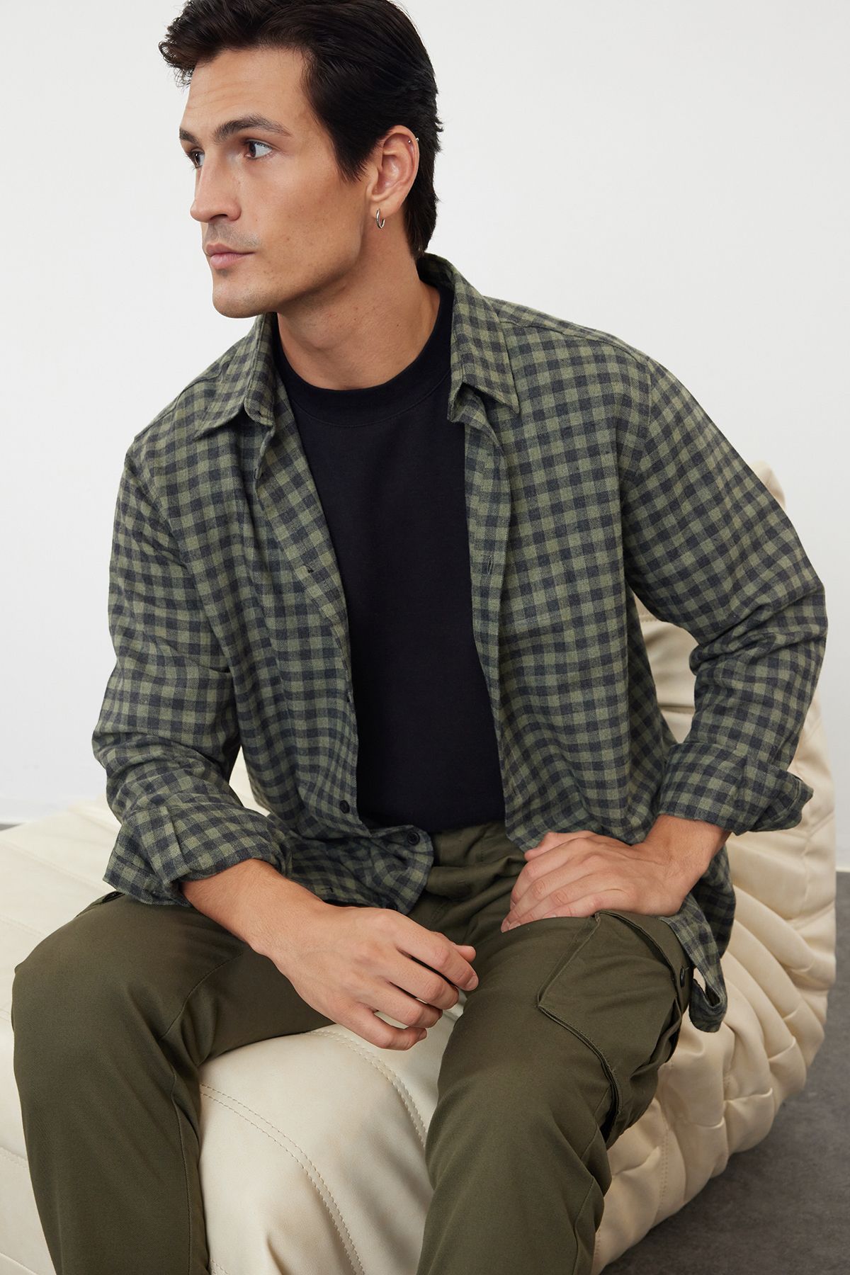 Trendyol Collection Zimowa Koszula Drwala W Kolorze Khaki – Regularny Krój, W Kratę Mężczyzna - M
