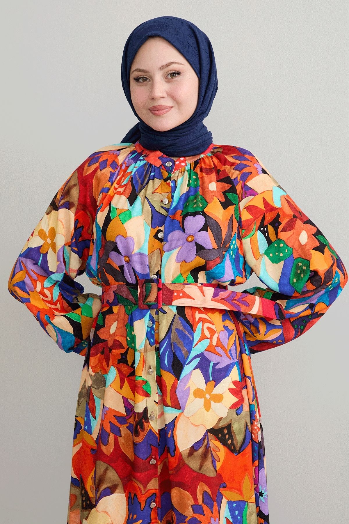 InStyle-Rochie din viscoză portocalie florală cu curea 3