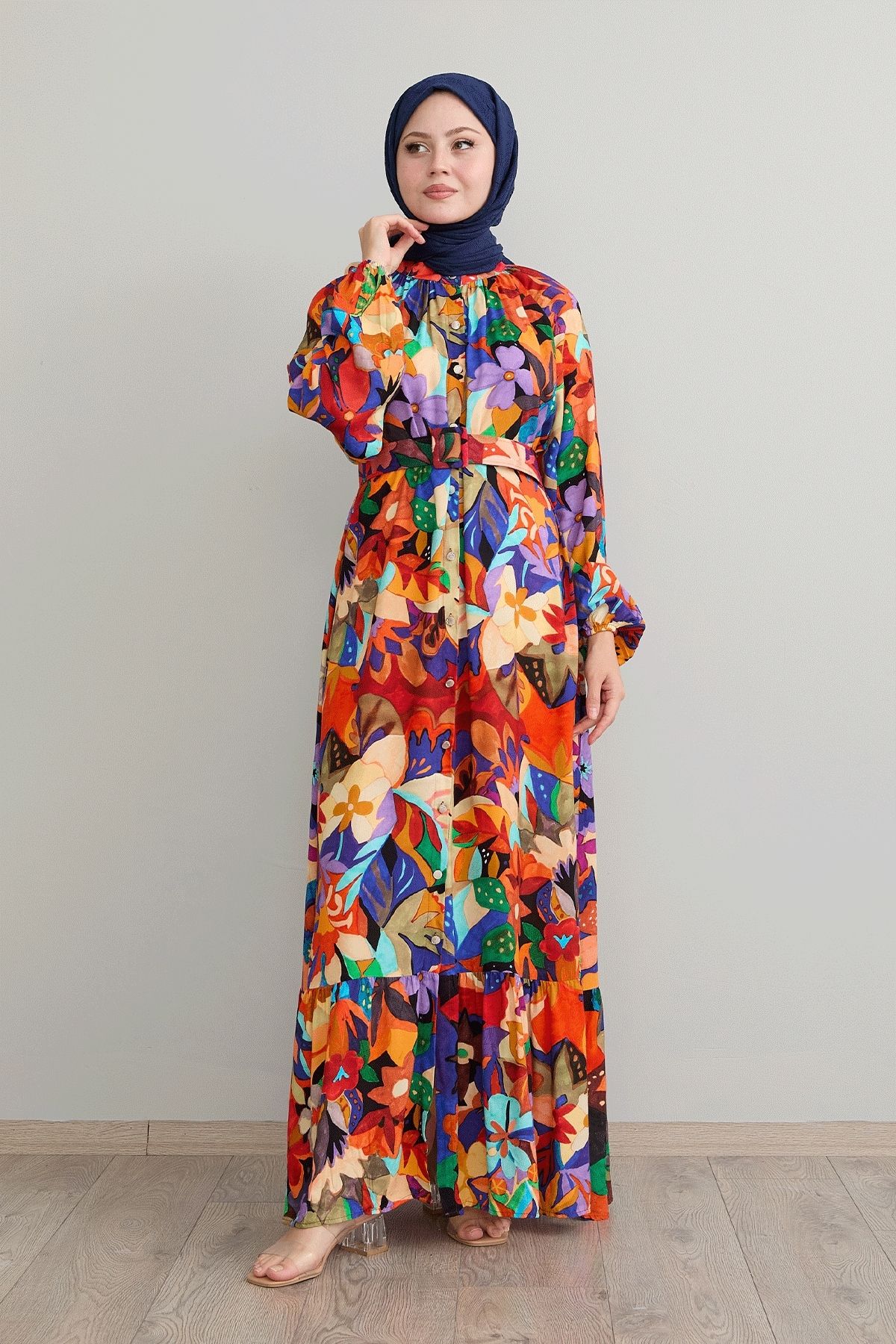 InStyle-Rochie din viscoză portocalie florală cu curea 4