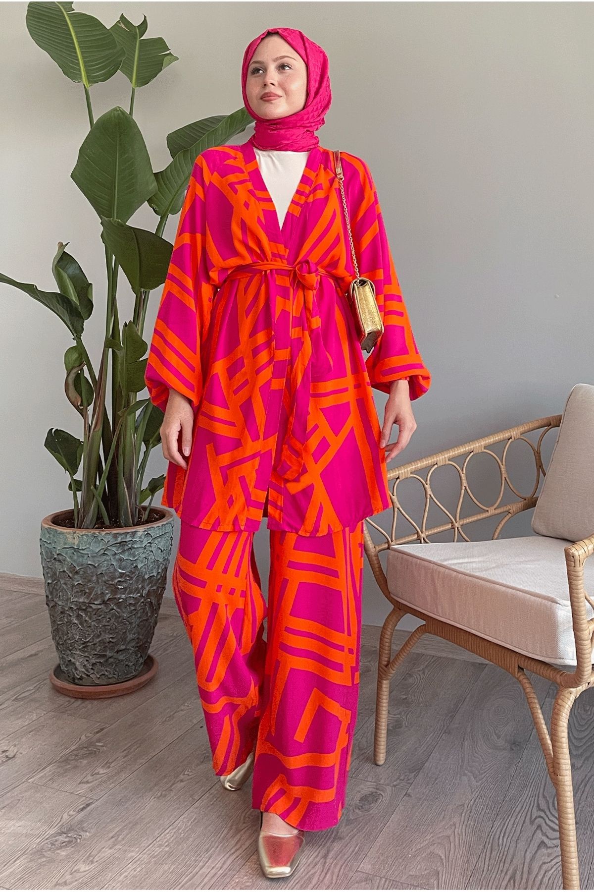 InStyle-Fuchsia Viscose Double Set - Stripe Detailed 5