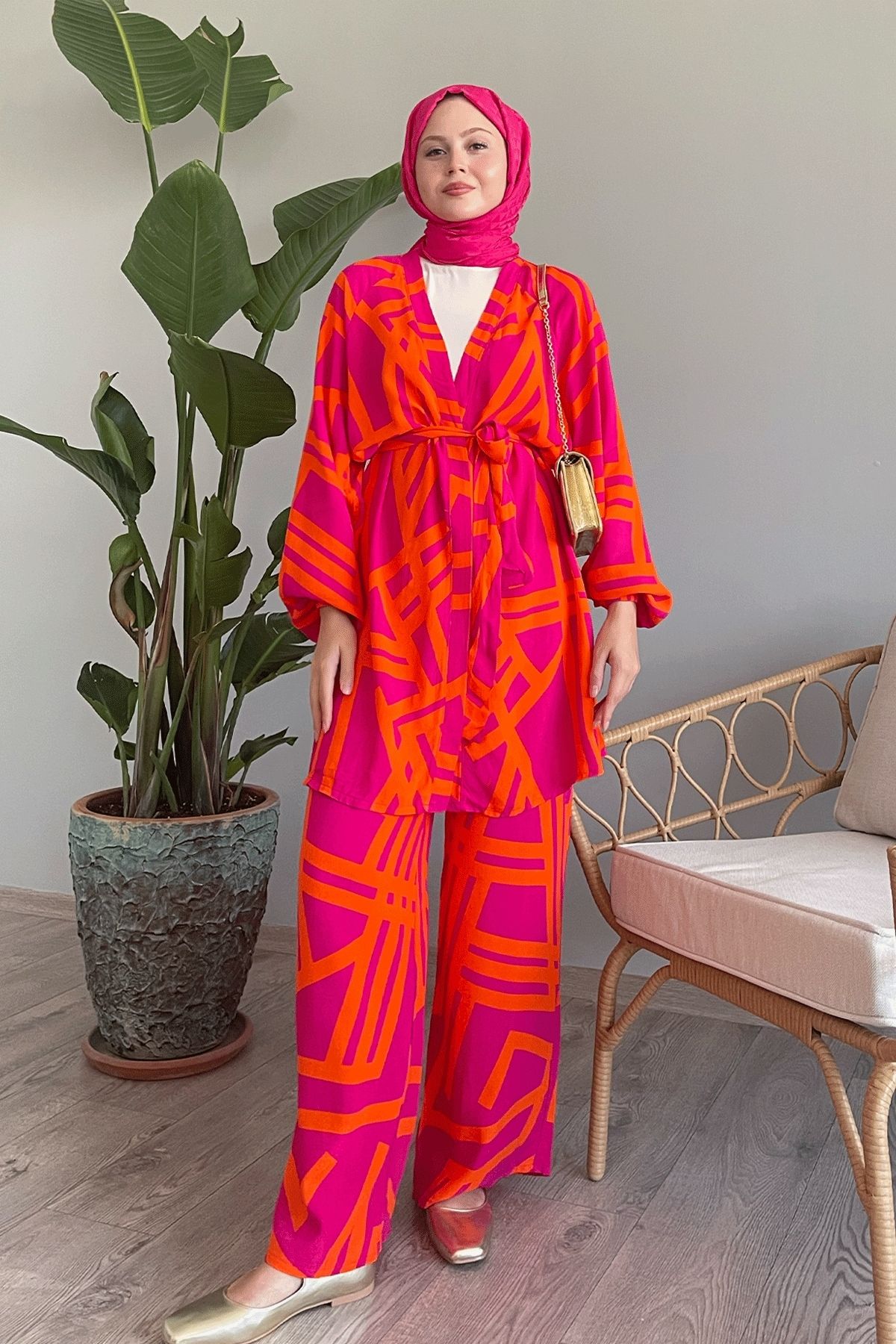 InStyle-Fuchsia Viscose Double Set - Stripe Detailed 4