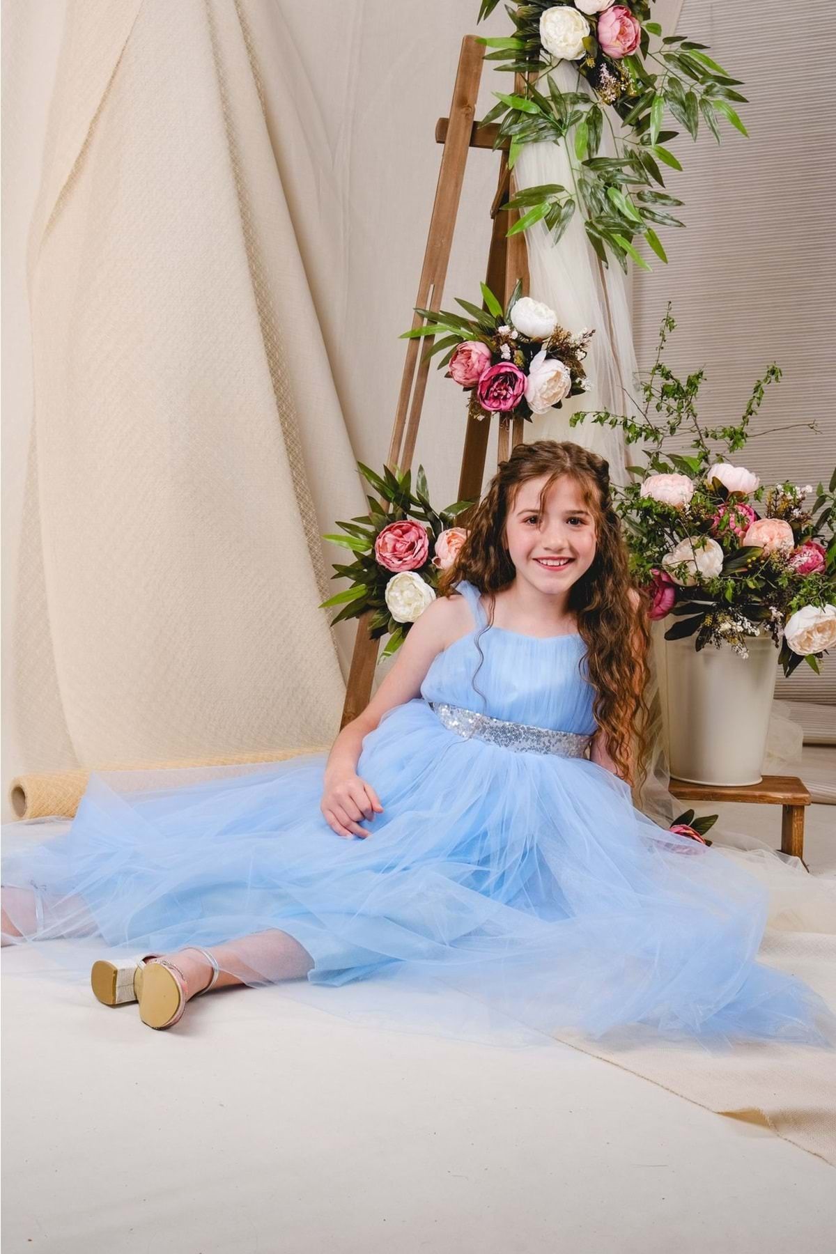 Sırt Gipeli Tüllü Kız Çocuk Saten Abiye Mnk0340 Turkuaz