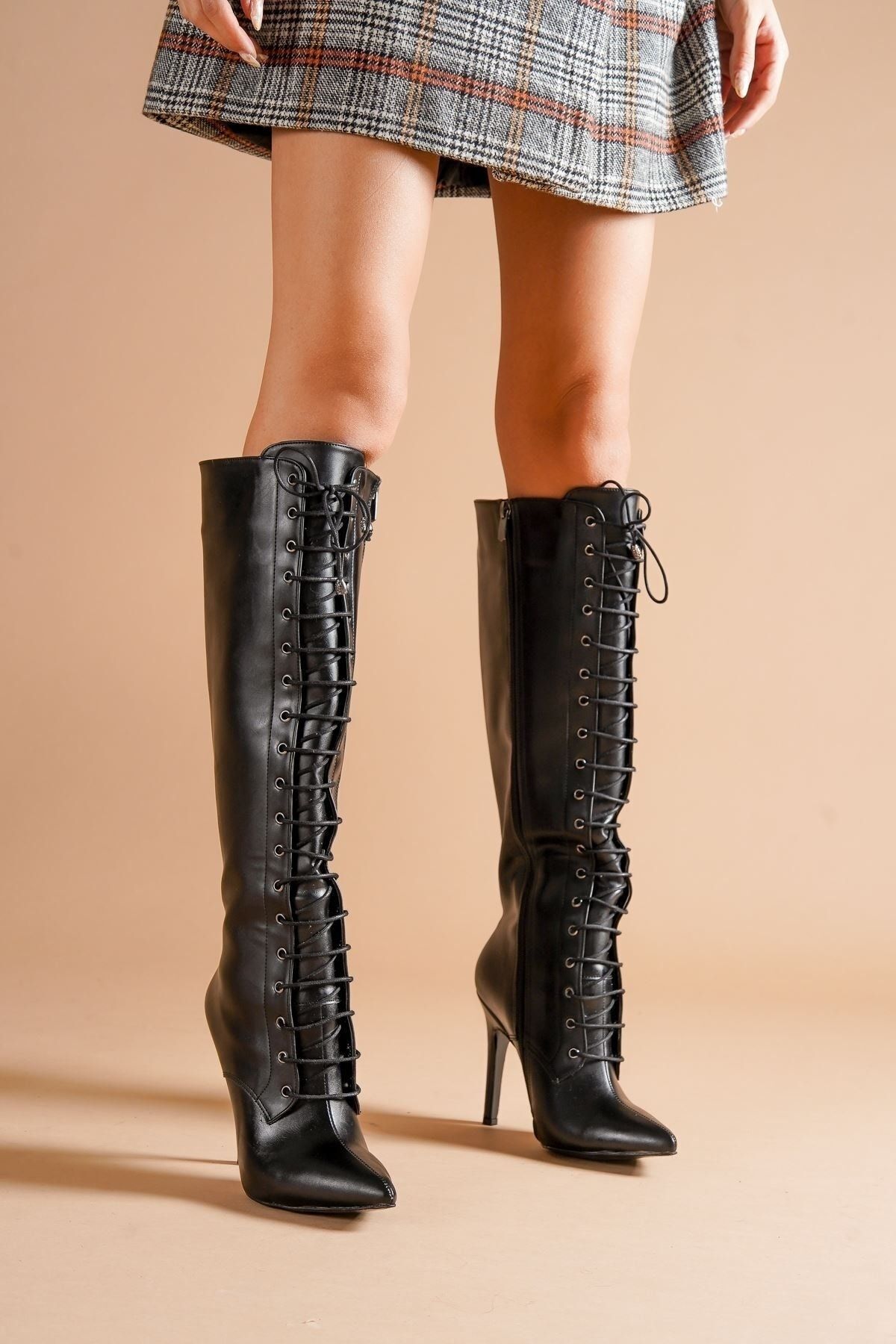 Ayakkabı Ateşi Cizme De Damă Cu Toc Spike Black Skin Femeie - 38