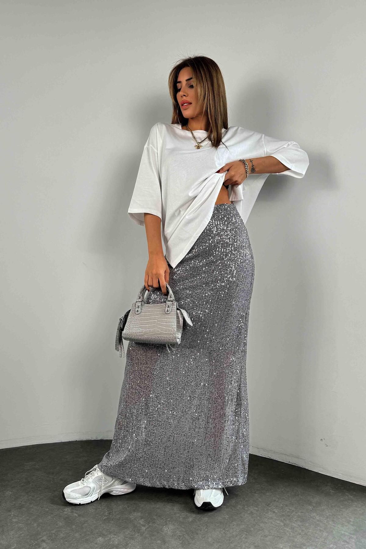 Butik Gardrop Fusta Maxi Gri - Paiete Și Design Căptușit Femeie - S