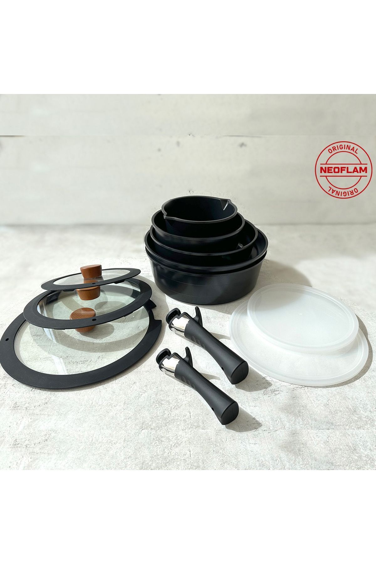 NEOFLAM-Midas Black 12 Piece (With Spare Handle) Nesting Induction Pot and Pan Set with Detachable Handle 2