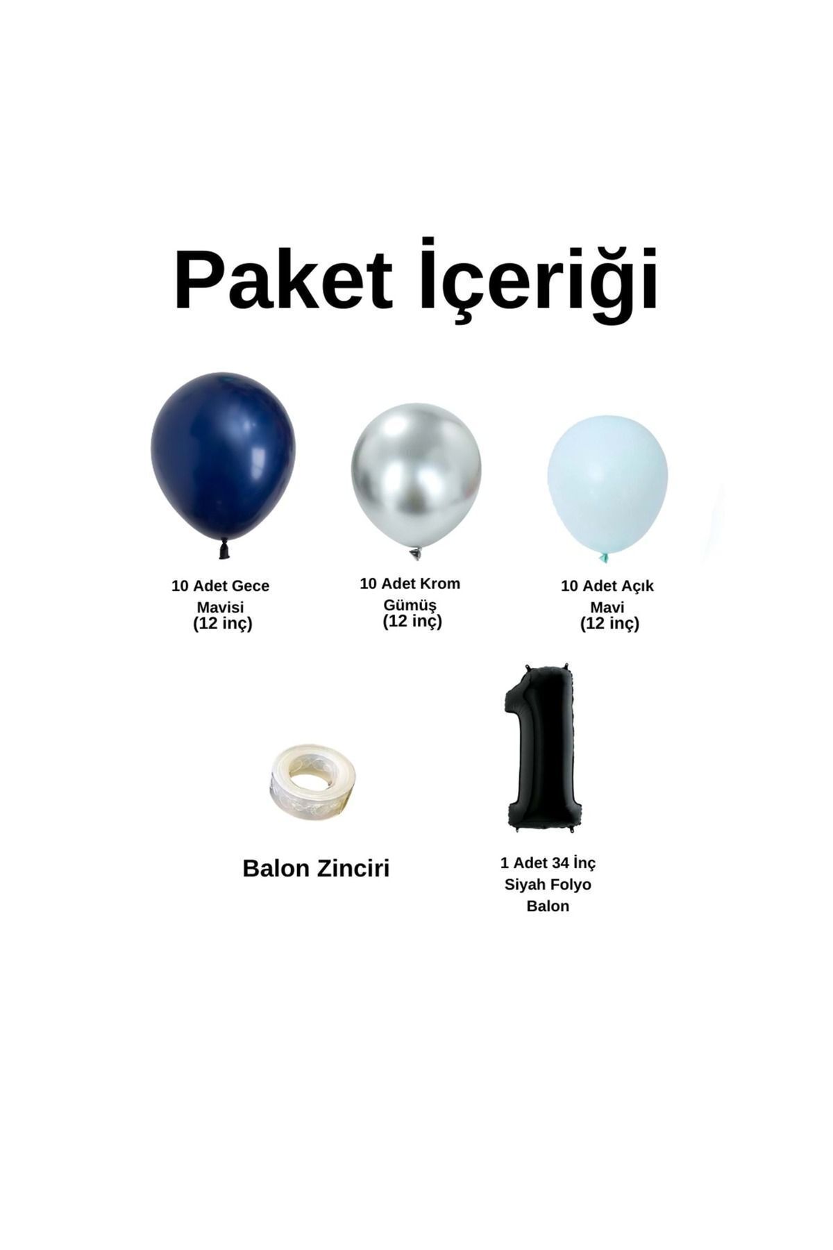 Ata Parti Dünyası-Birthday Concept - Chrome Silver, Midnight Blue, Light Blue 1-34inch Black 30-Piece Balloon Chain Party 2