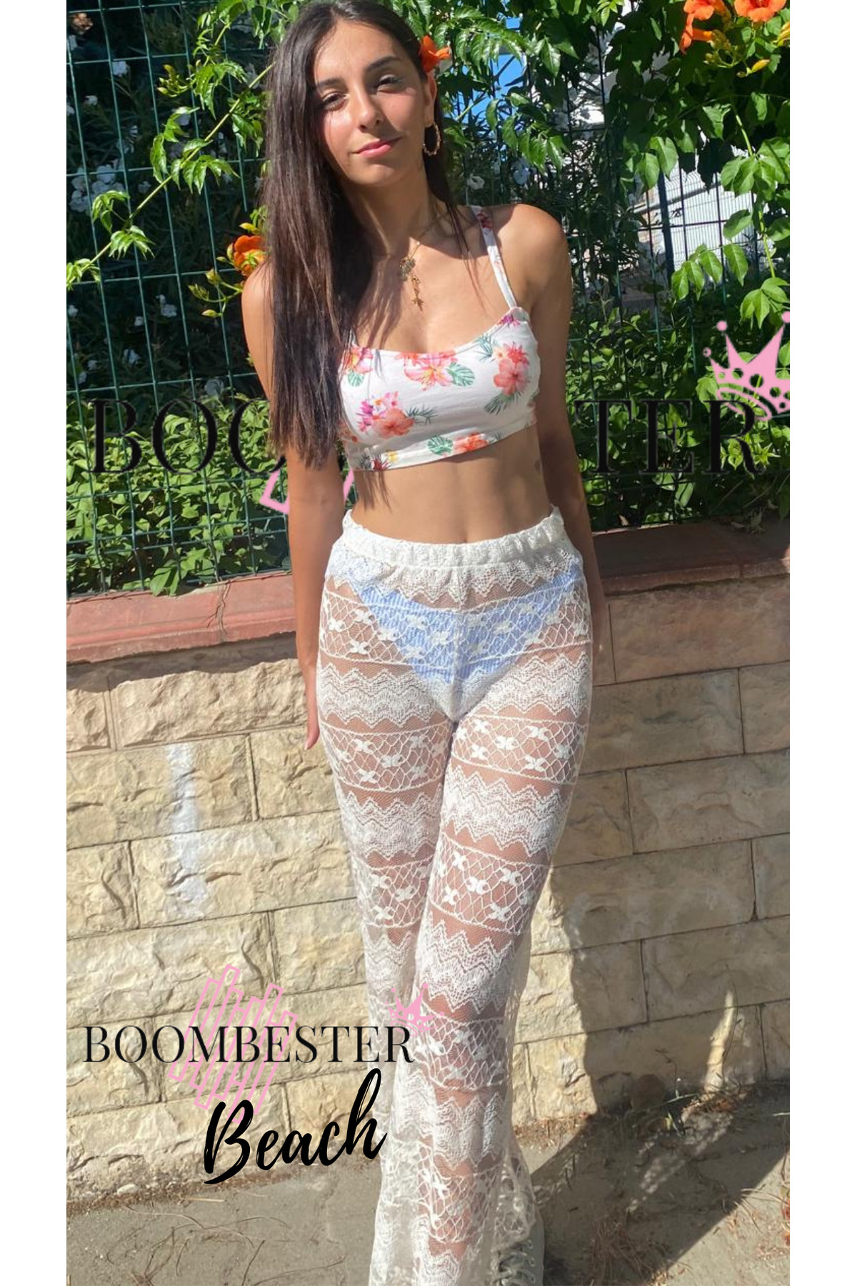 Women's White Beach Pants Pareo Lace Floral Detail Transparent