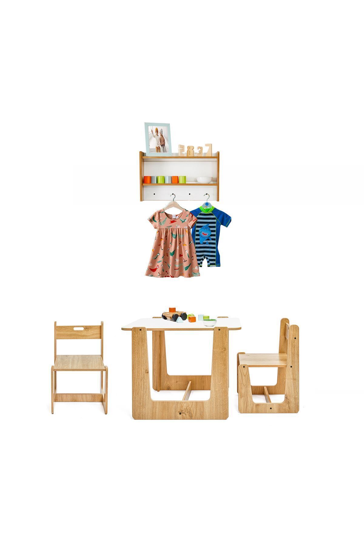 Minera 2-4 Yaş Turna Ahşap Montessori Aktivite Masası Sandalyesi Ve Dekoratif Askılı Raf Ünitesi
