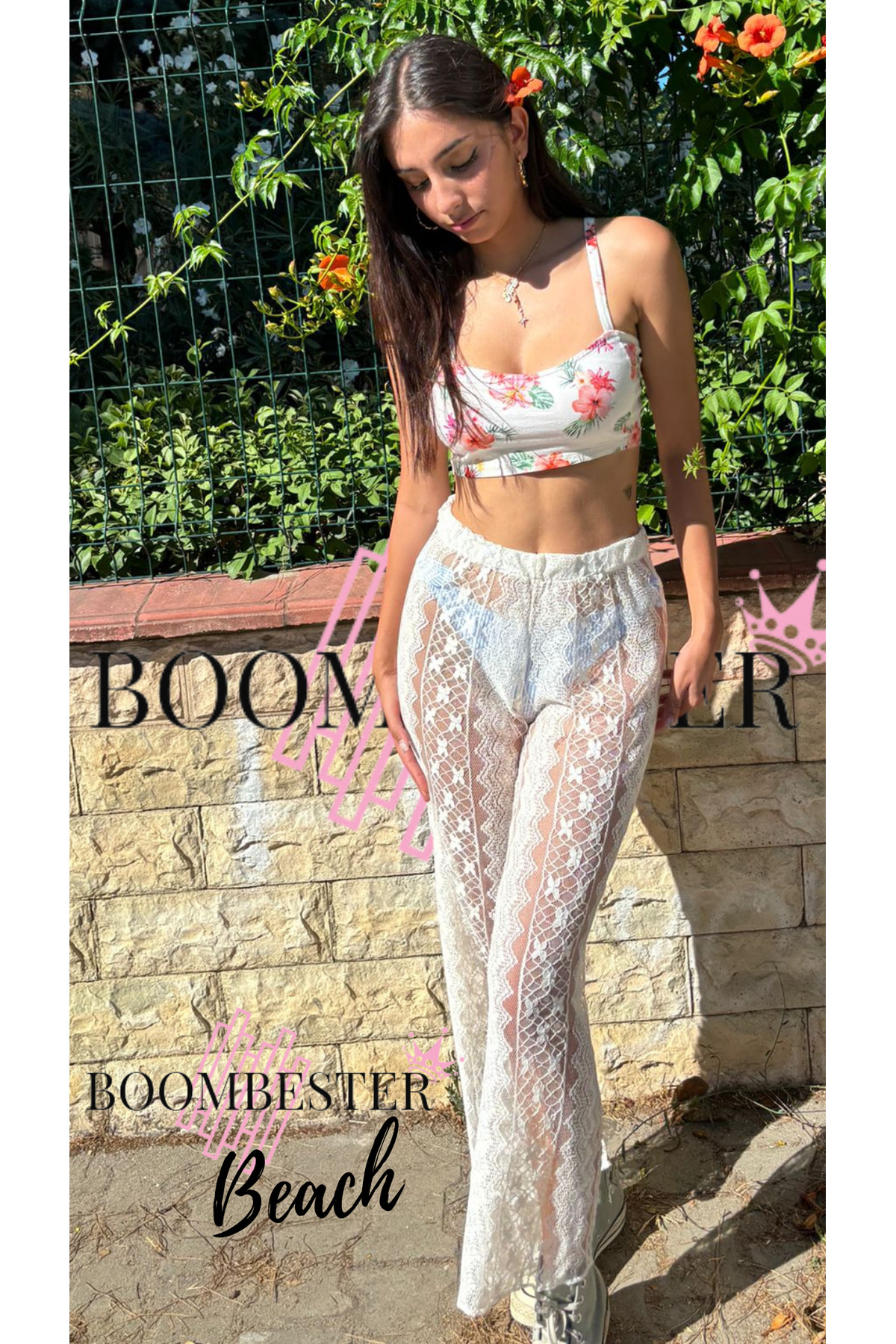Women's White Beach Pants Pareo Lace Floral Detail Transparent