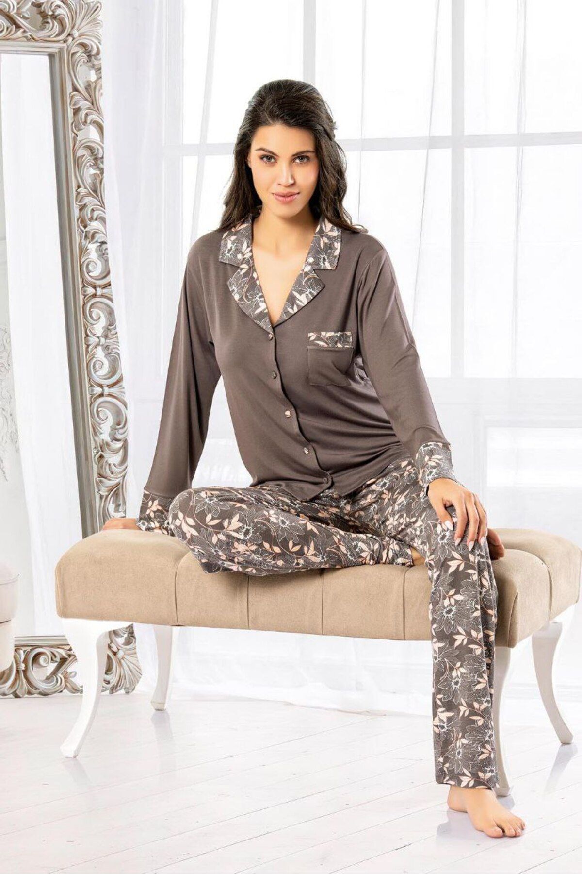 FAAL-Floral Patterned Buttoned Front Pajama Set Gray 8603 1