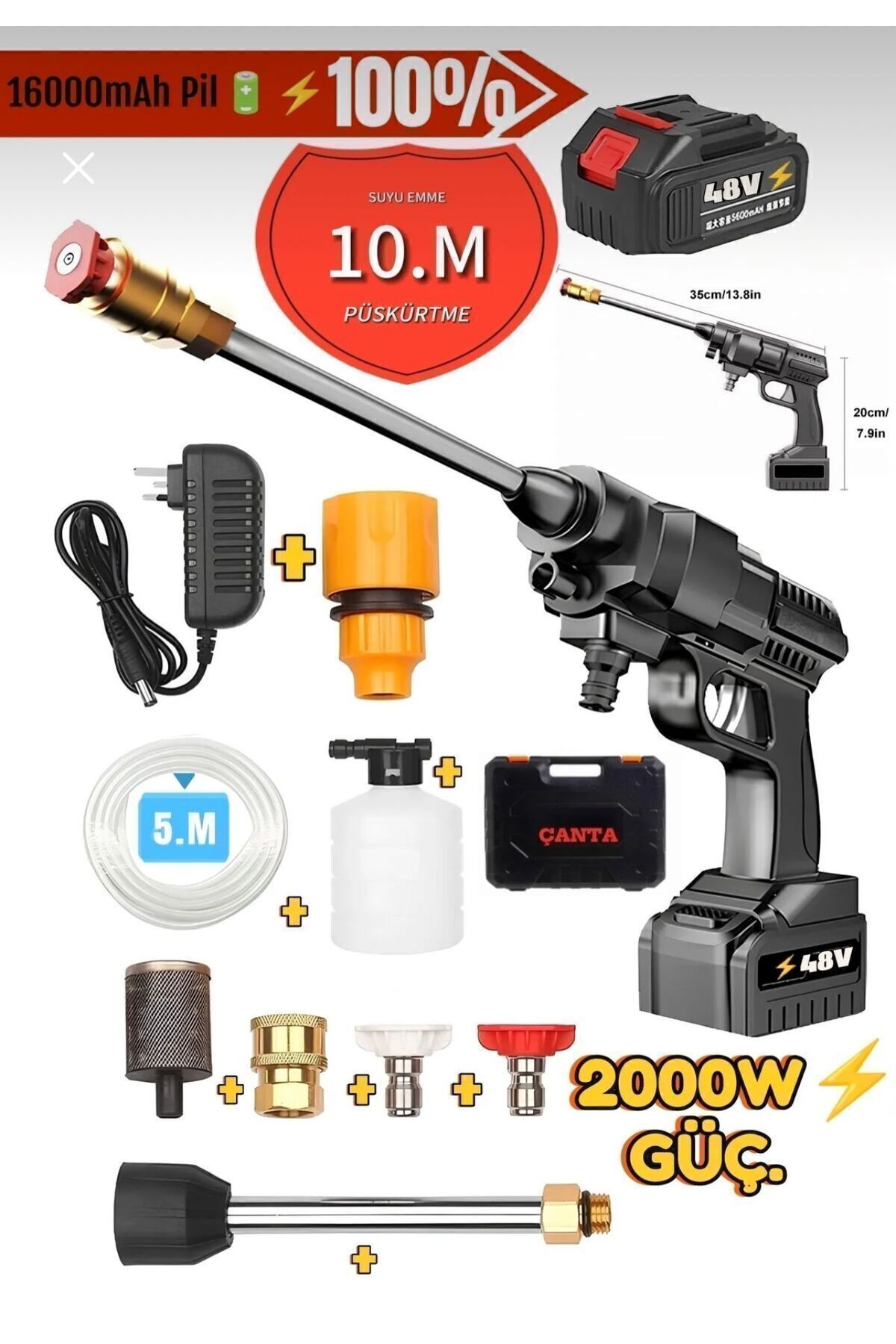 OG GERMANY STEEL 986vf Çift Akülü Şarjlı Oto Araba Bahçe Yıkama Temizleme Tabancası Yüksek Basınç Çift Turbo