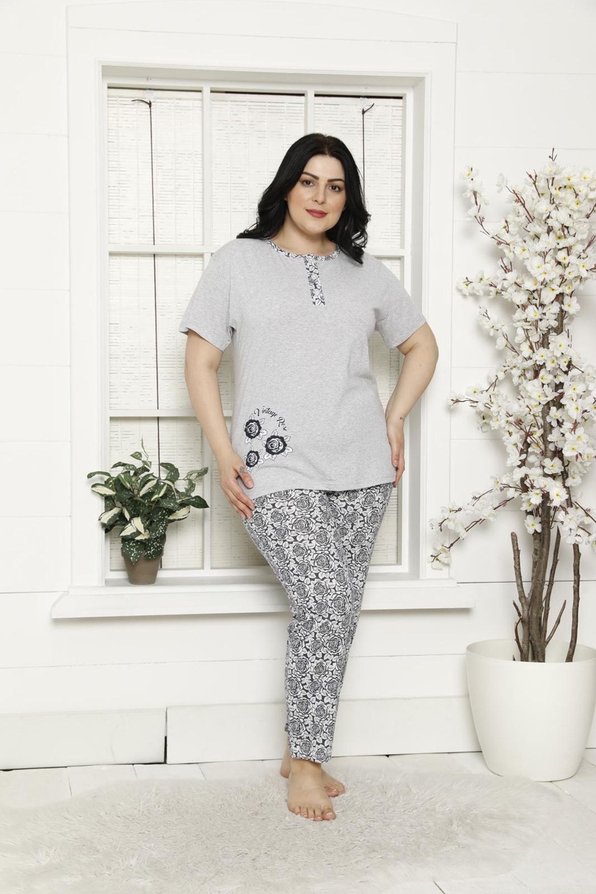 Akasya Women's Short Sleeve Pocketed Summer Oversize Pajamas Set