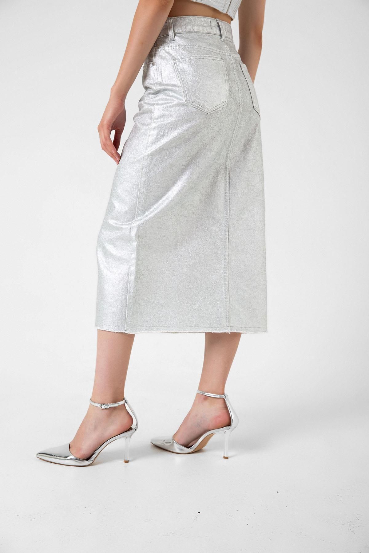 Domoda-Grauer Damen-Jeansrock mit Schlitz und Cutaway-Ende und 5 Taschen 5