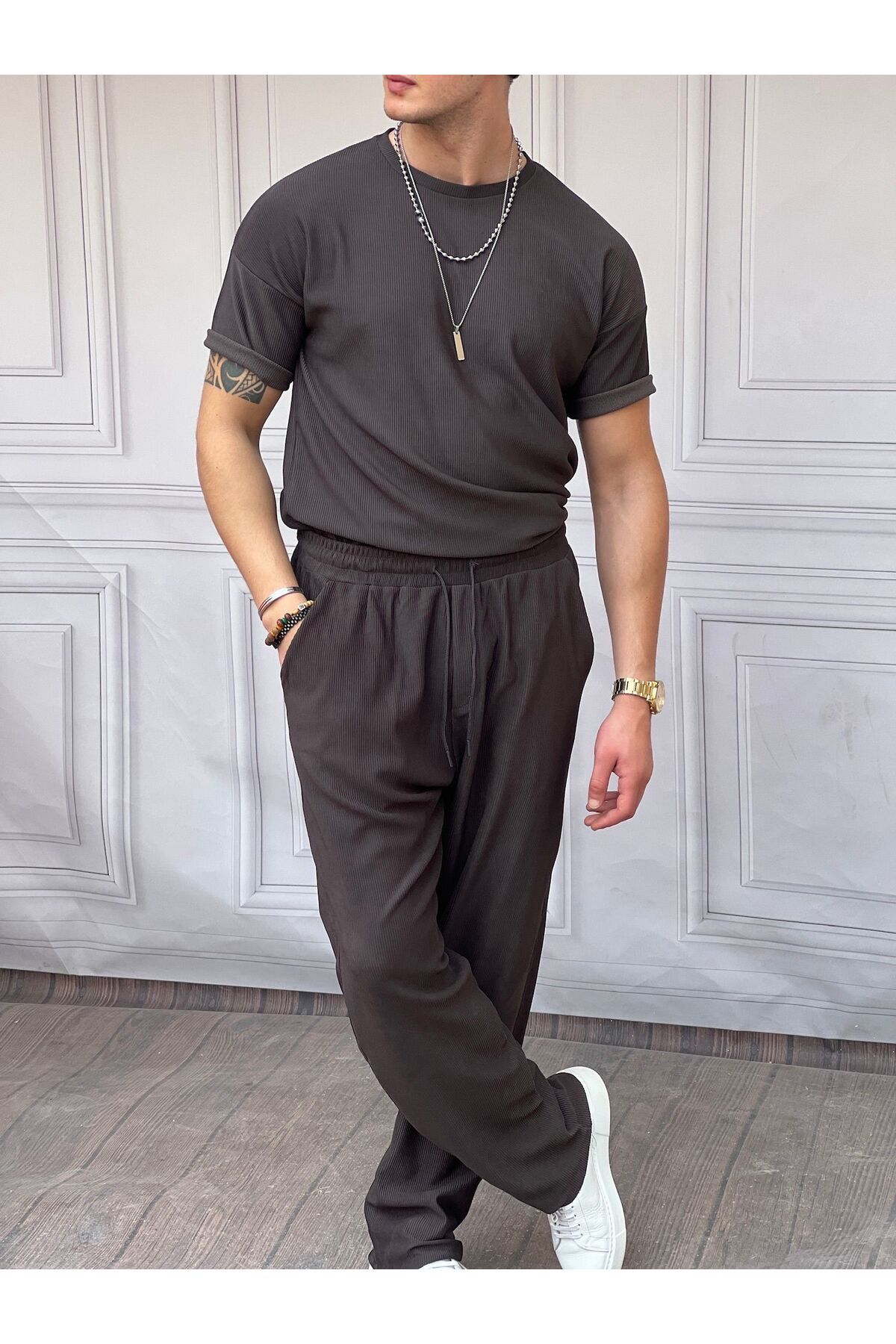 MODEFENDİ İnce fitil desen oversize tshırt