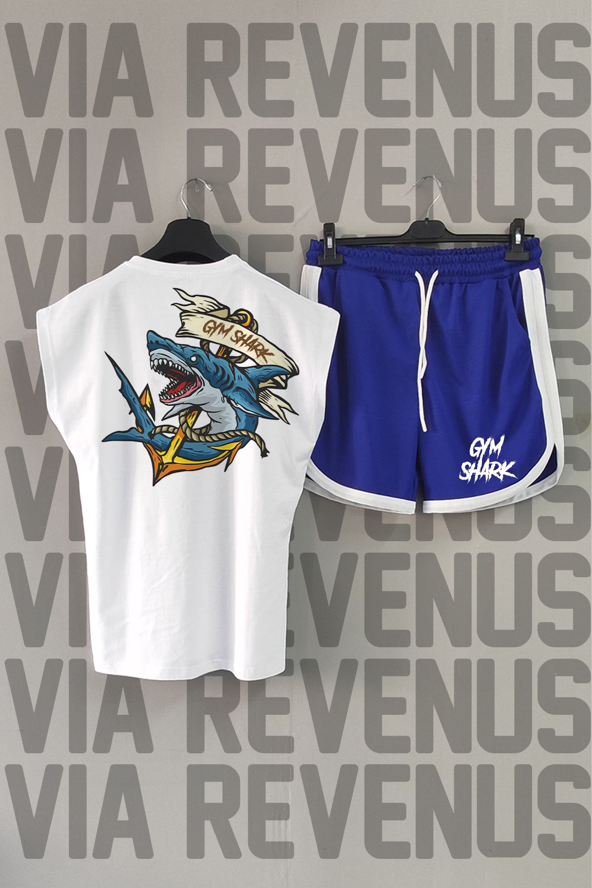Vordevia Tricou Sport Alb Gym Shark Și Pantaloni Scurți Sport Albaștri - Decolteu, Mânecă Zero Unisex - M