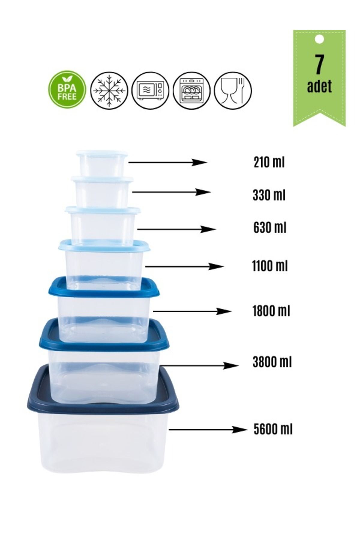 simplicity-Set of 7 Rainbow Food and Food Storage Containers Square Suitable for Deepfreeze and Microwave Use 2