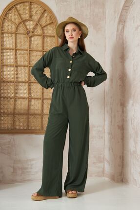 Yıldızistan Kadın Haki Cepli Beli Lastikli Uzun Kol Bol Kesim Kupra Tulum 336...