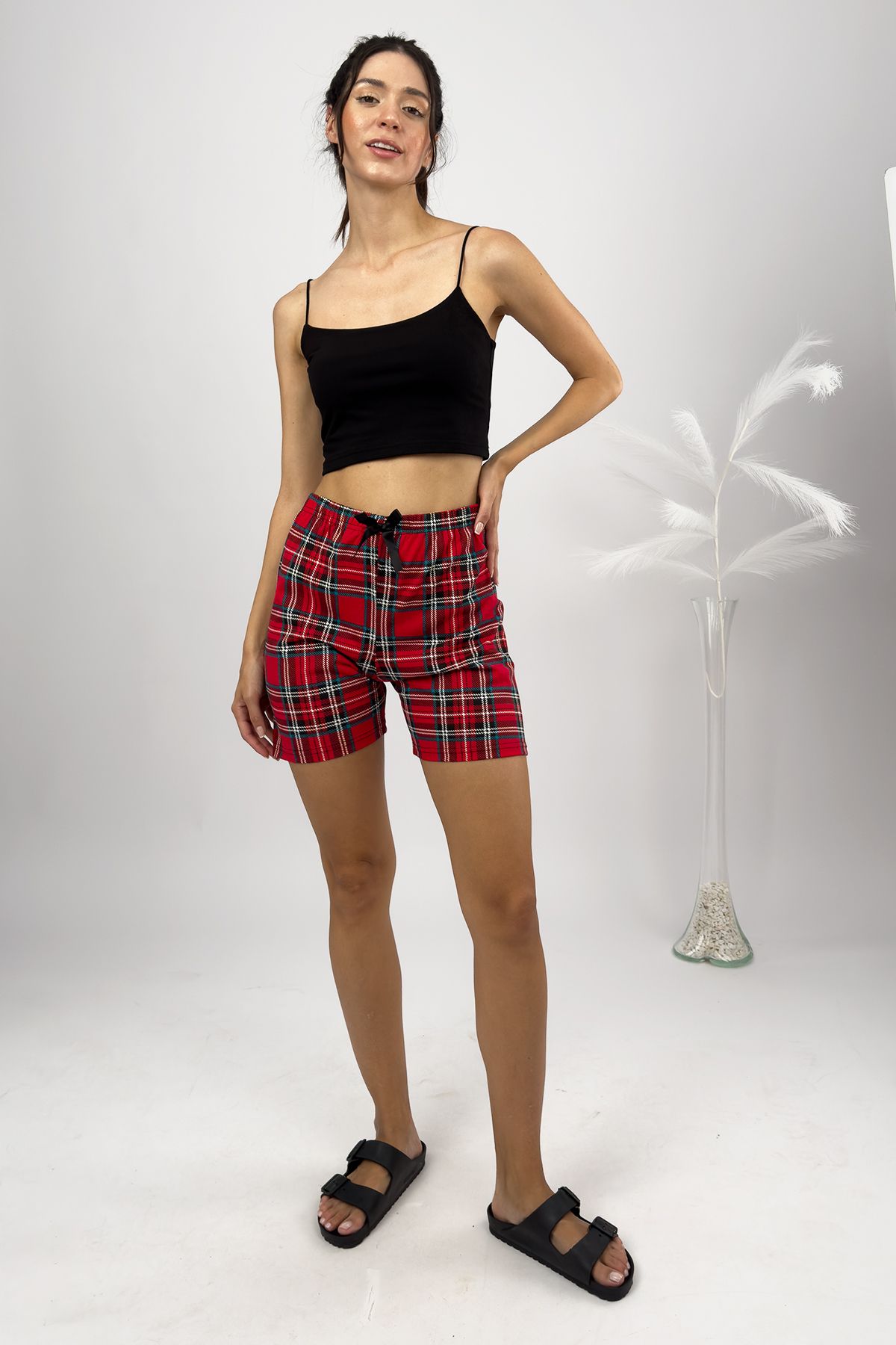 Betimoda-100% bumbac Pantaloni scurți Four Seasons pentru femei cu talie înaltă, roșu verde 4