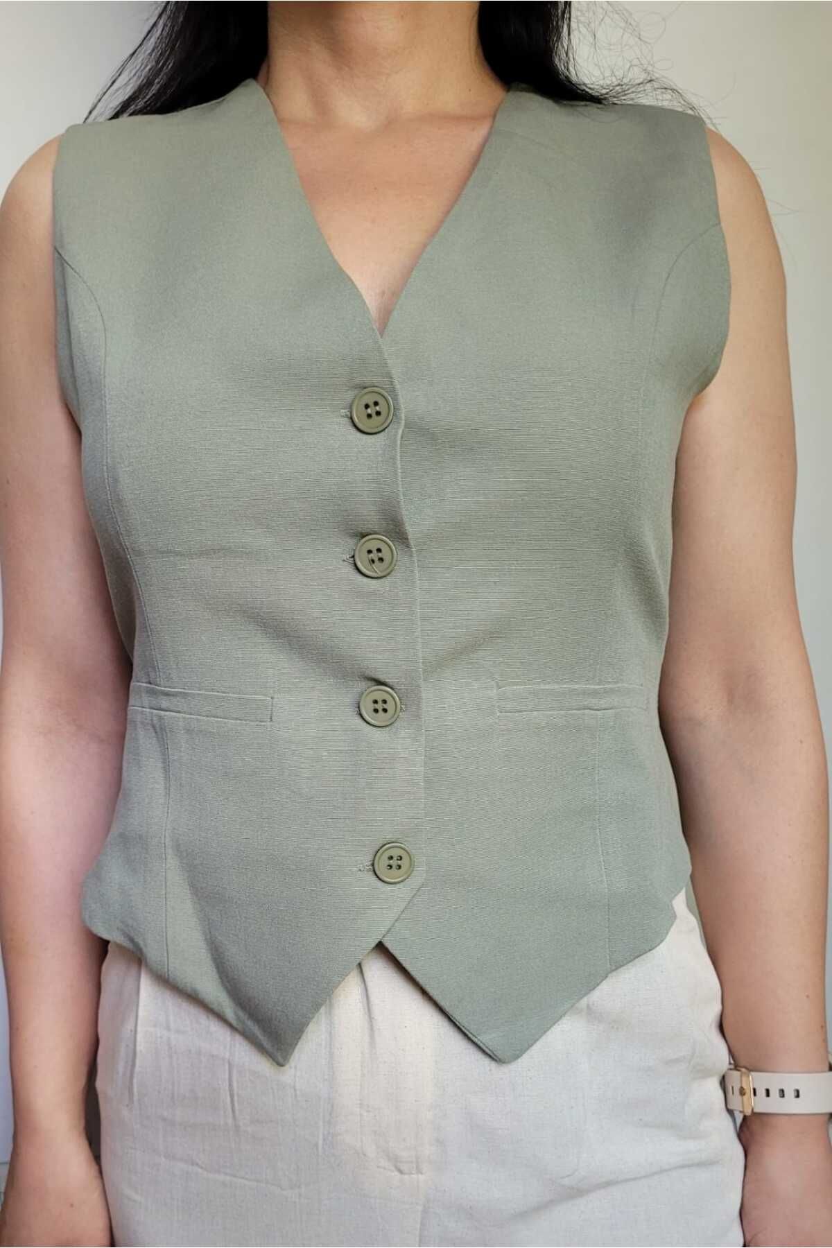 NEVEGE BUTİK Vestă De In Hakii - Căptușită Și Elegantă Femeie - L