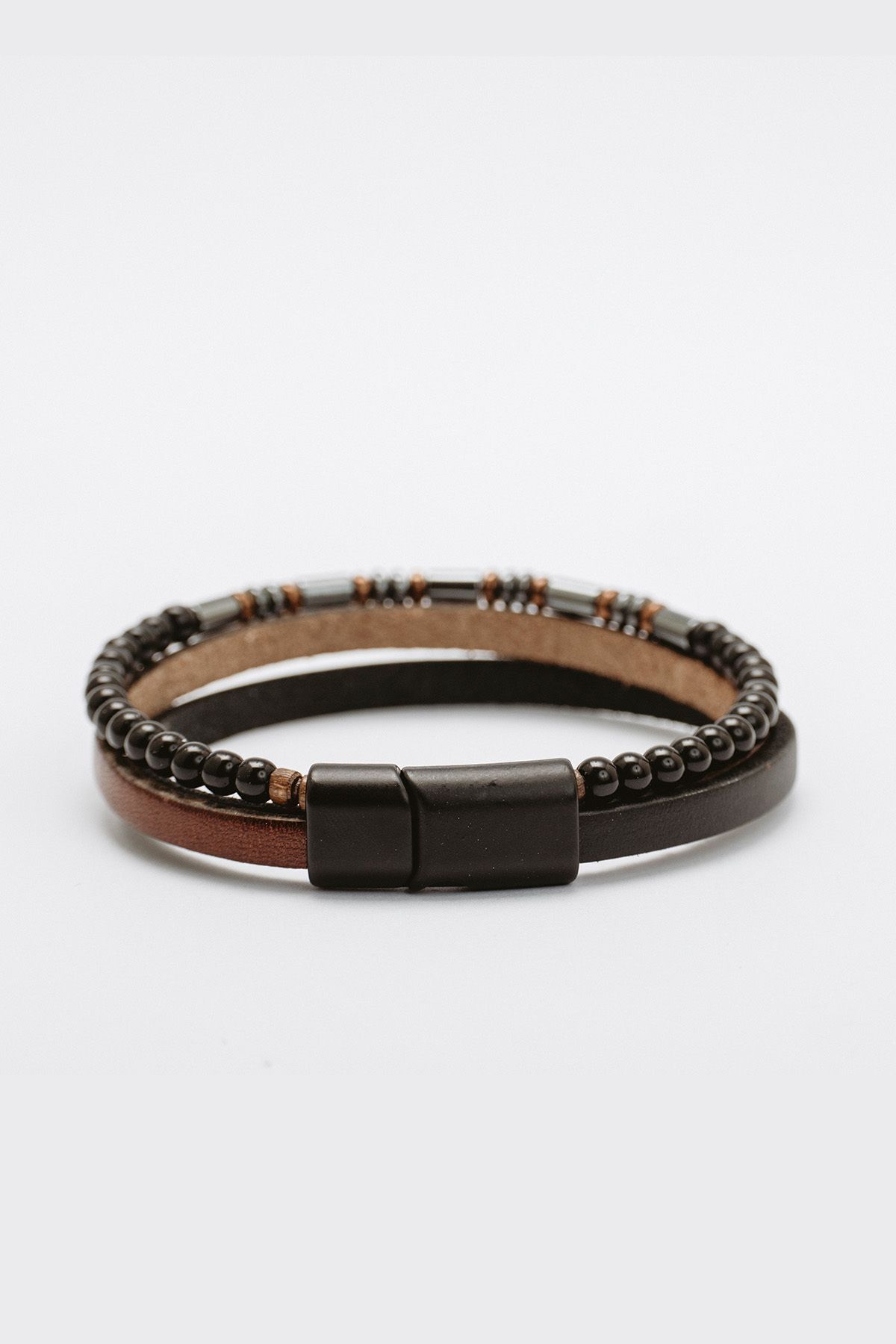 Hakiki Deri Siyah ve Taba Şeritli Hematitli Bileklik thumbnail 5