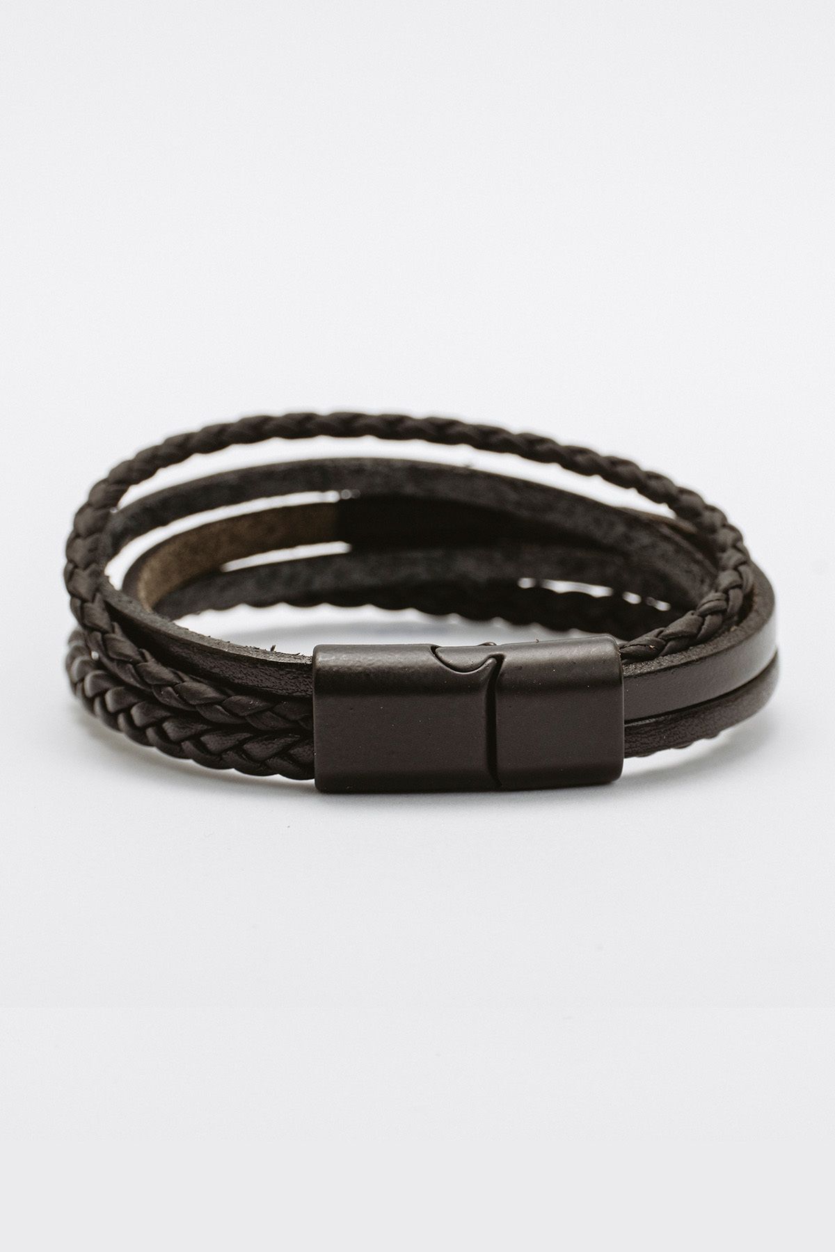 Hakiki Deri Çoklu Siyah Şeritli Saç ve Boru Örgülü Bileklik thumbnail 4