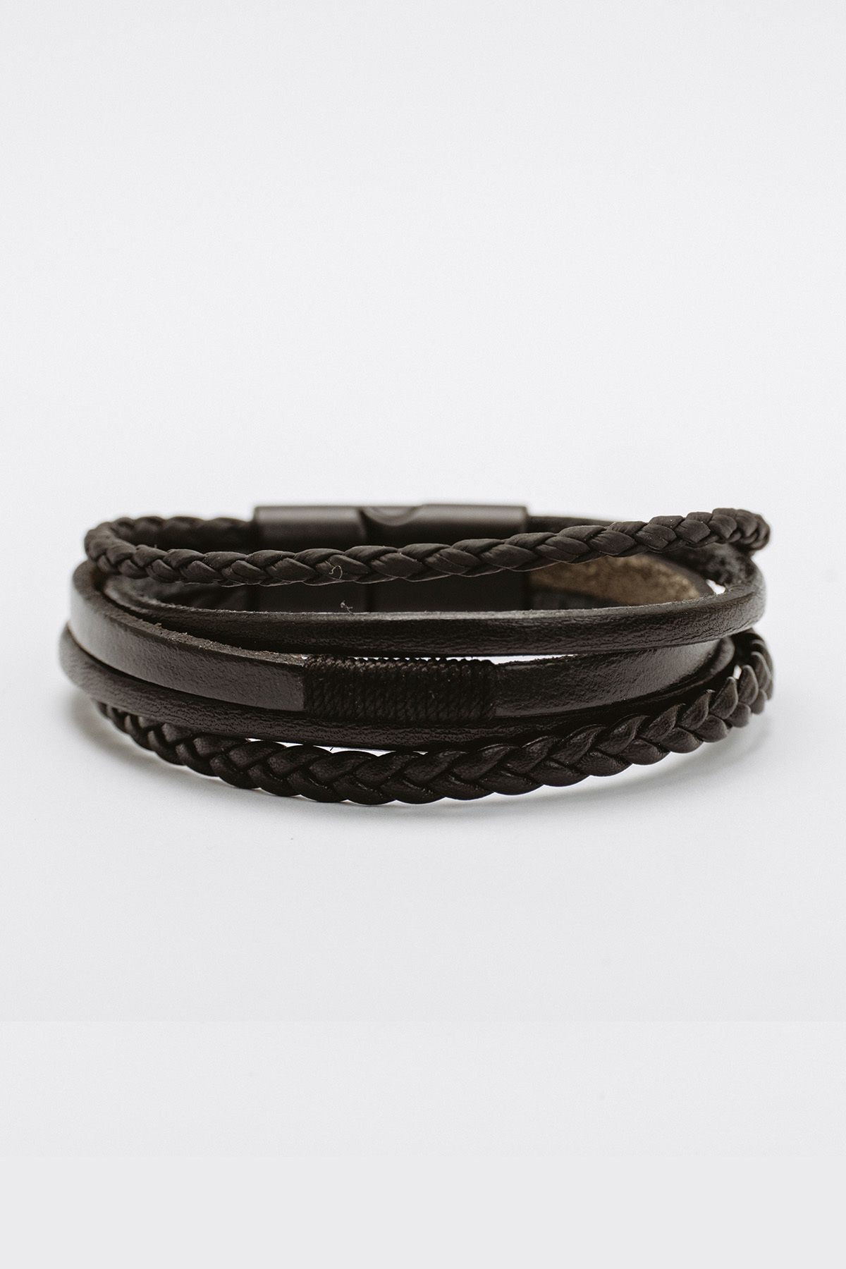 Hakiki Deri Çoklu Siyah Şeritli Saç ve Boru Örgülü Bileklik thumbnail 3