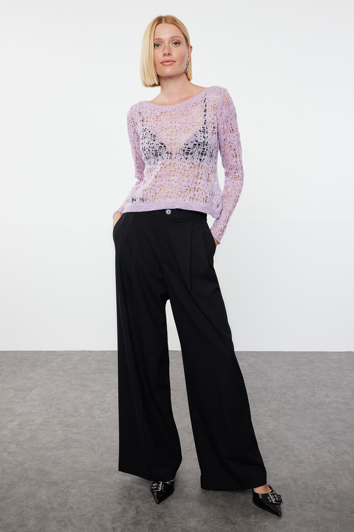 Trendyol Collection-Lilac Thin Knitwear Sweater - Soft Texture and Openwork, TWOAW25KZ00012 1