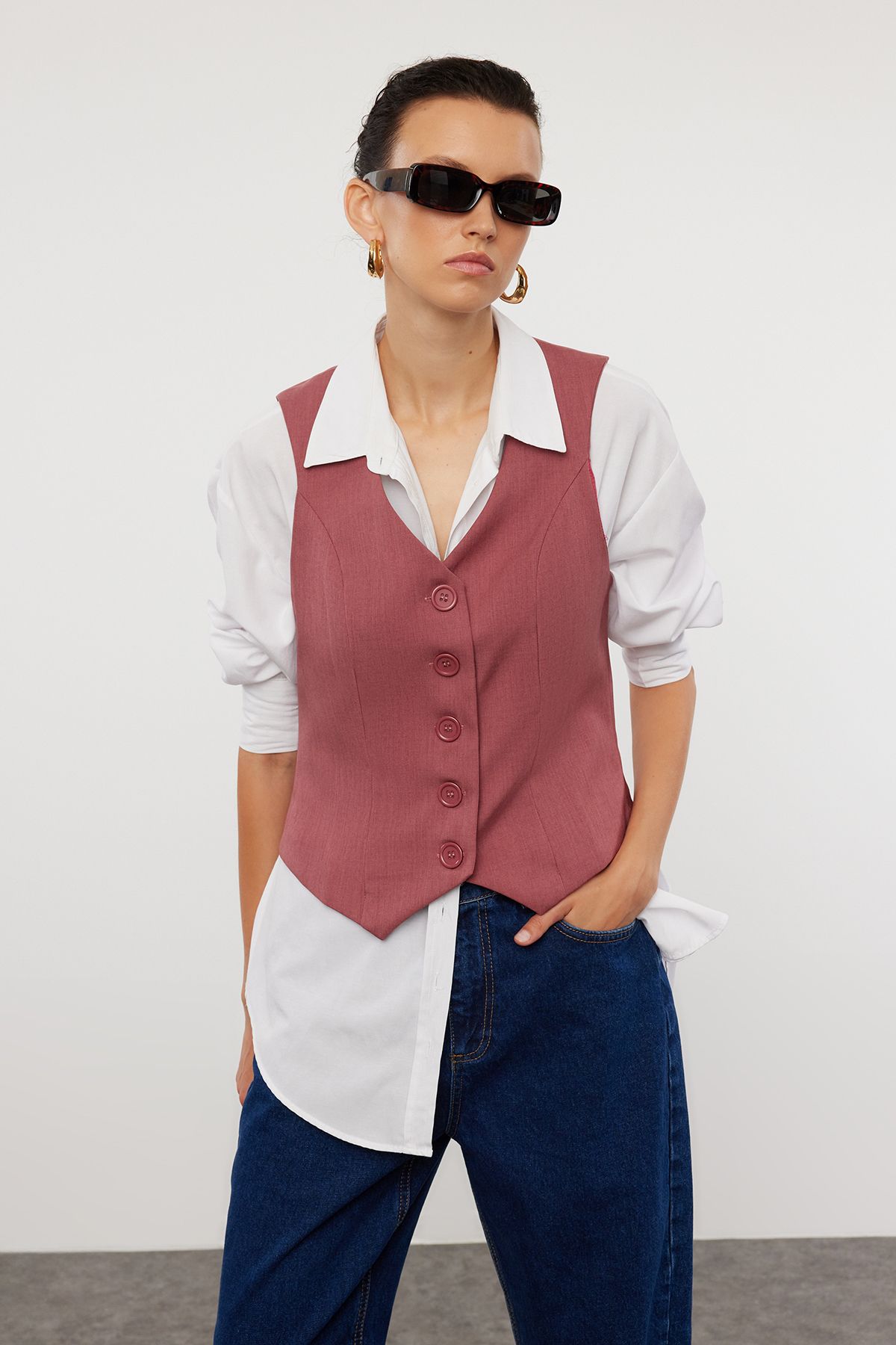 Trendyol Collection Kamizelka Tkana W Kolorze Claret Red Crop - Regular Fit Kobieta - 40