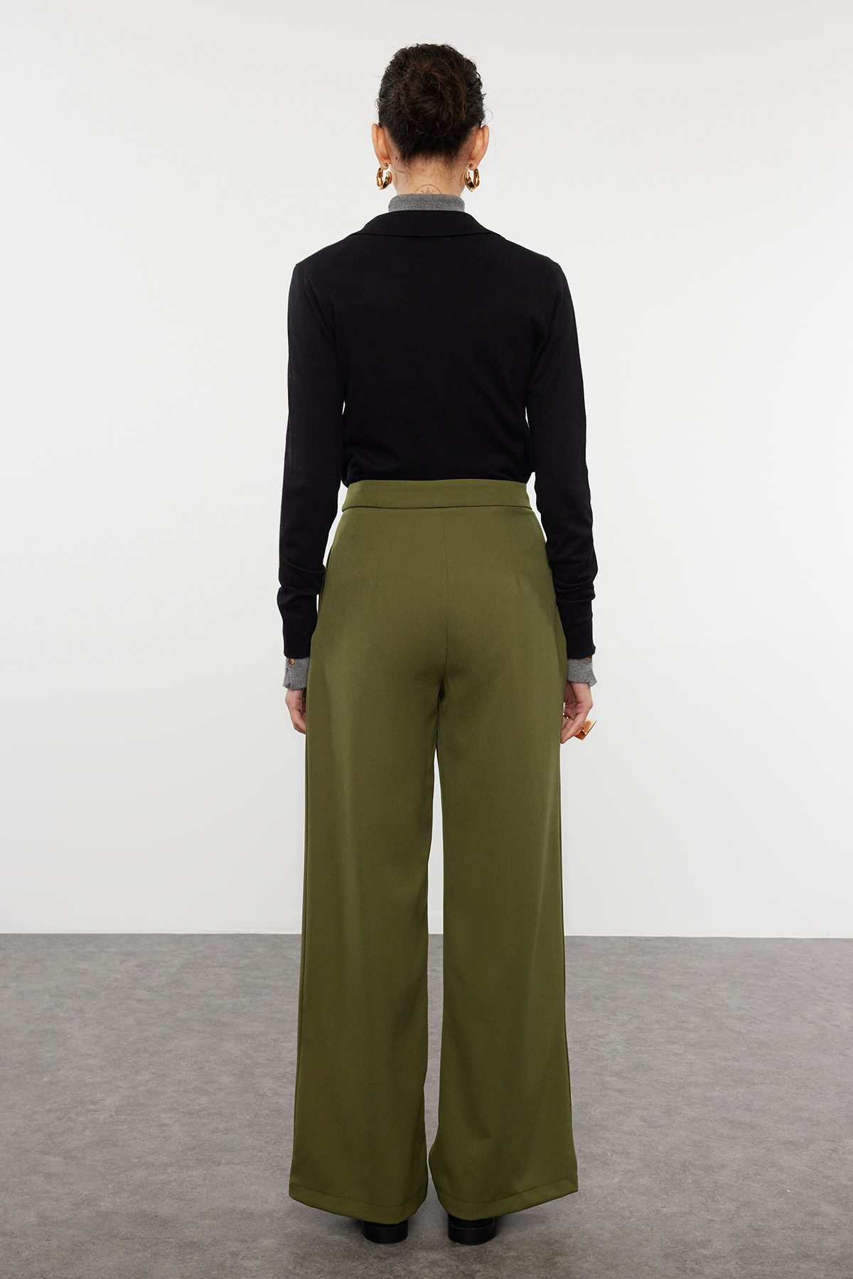 Trendyolmilla  Haki Geniş Paça/Wide Leg Pilili Dokuma Kumaş Pantolon TWOSS21PL0189 - Görsel 5