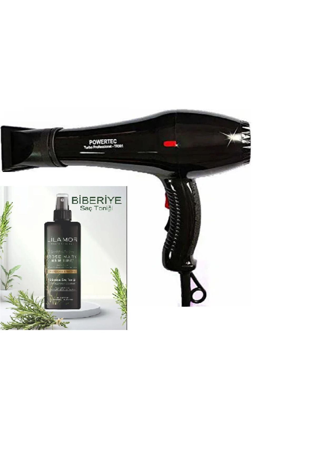 سشوار سیاه برقی Tr 901 Turbo حرفه ای ضربه دستگاه خشک + تونر مراقبت رزماری 250Ml پاورتچ  Powertec