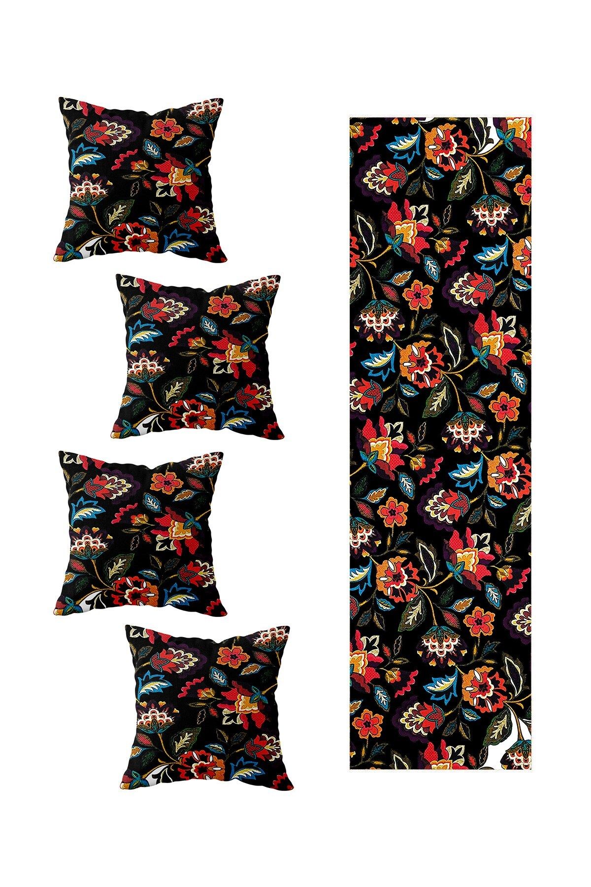 farbala Set Decorativ Mandala Neagră De 4 - Modele Ranır, Pernă Și Runner - One Size