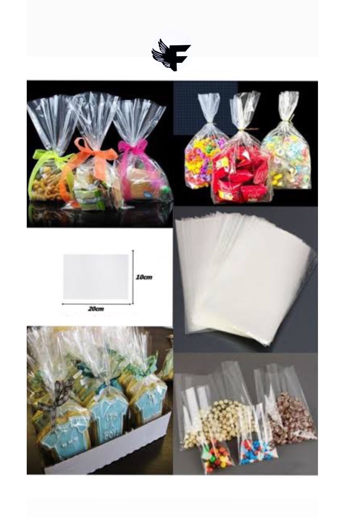 FİGANLAR Şeffaf Parlak Bantsız Jelatin Poşet 10x20 Cm Kurabiye Aksesuar Hediye Paketleme Poşeti 50 Adet..