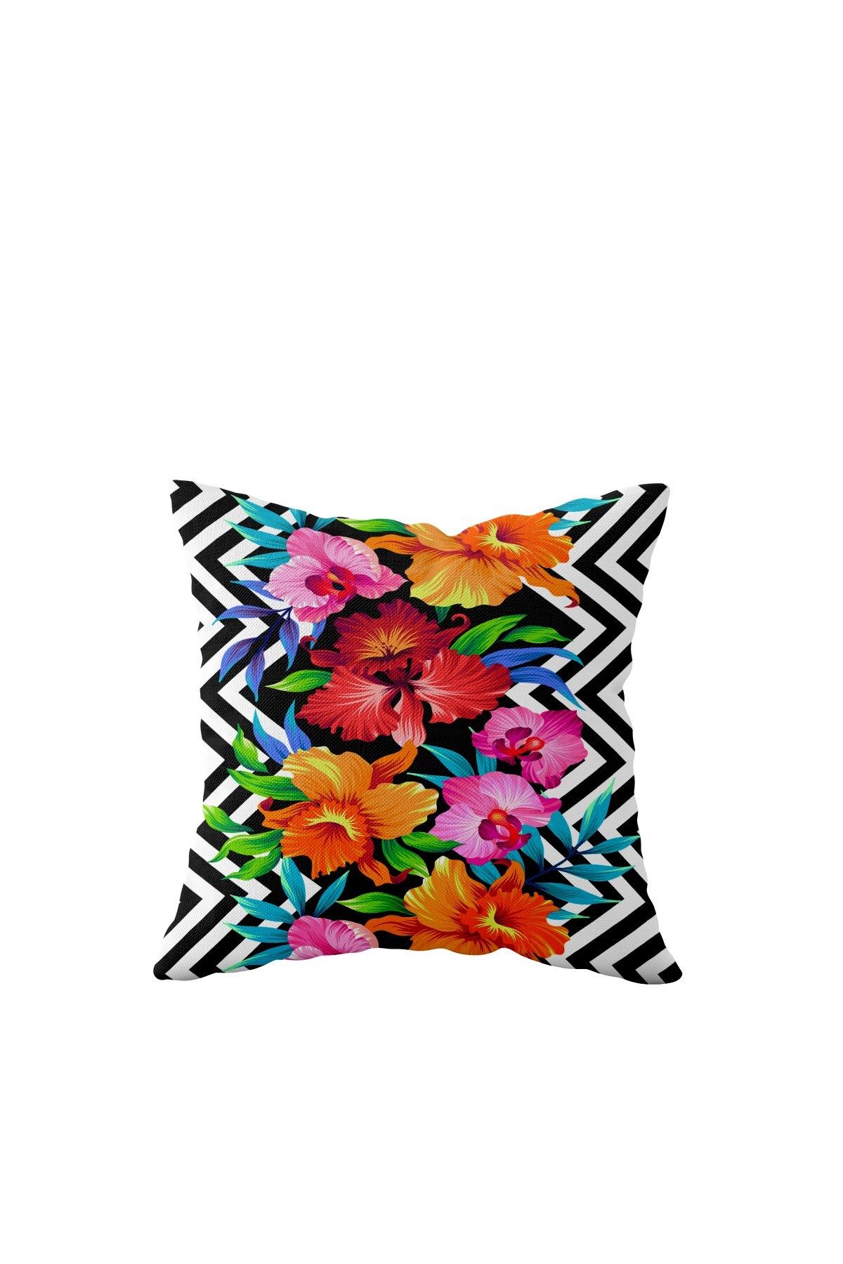 on the clouds-Double Sided Black Floral Patterned Pillow Case with Hidden Zipper - Throw Pillow Sofa 1
