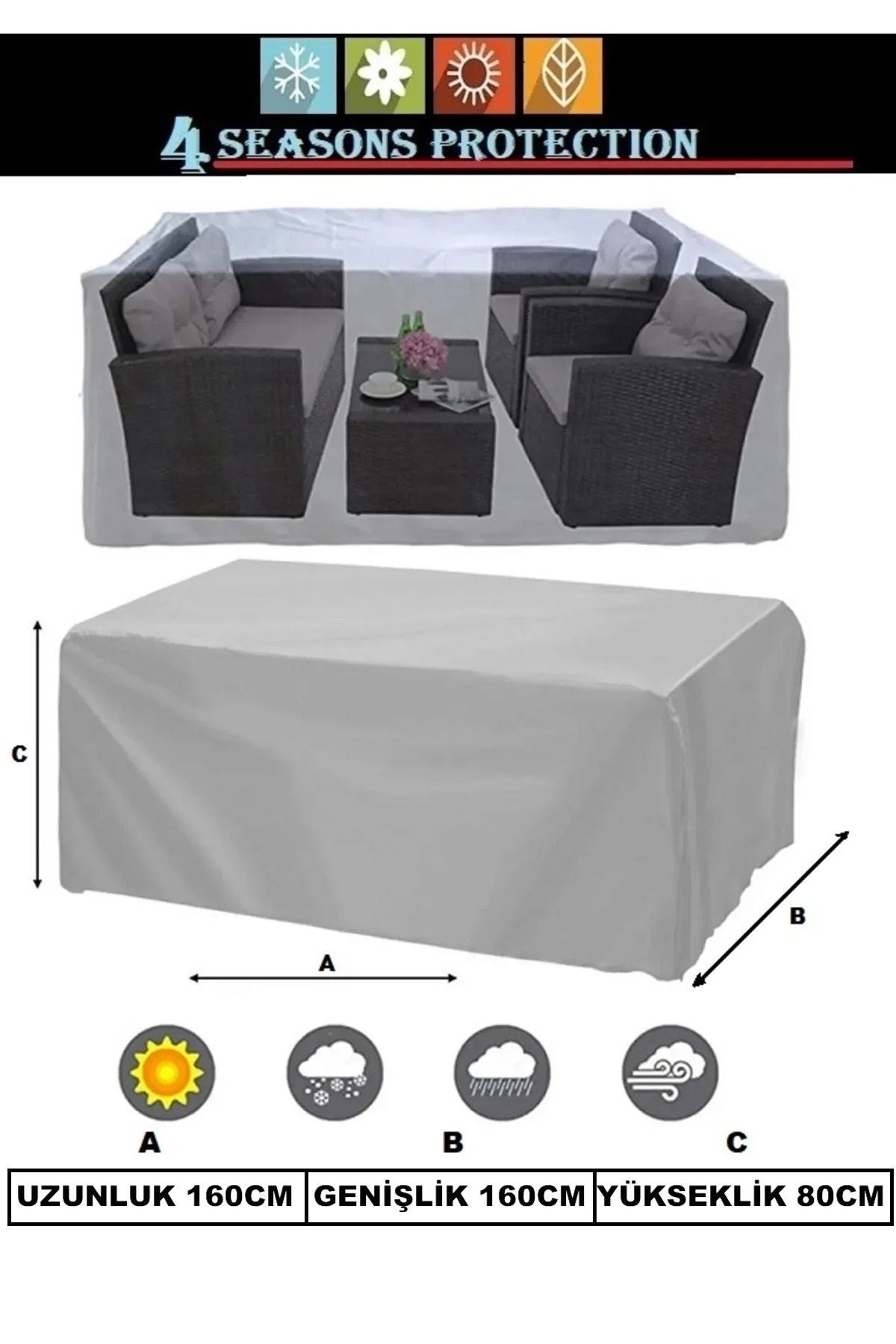 wovex Premium Kalın Bahçe Mobilya Brandası 160x160x80 Cm Masa Sandalye Koruma Örtüsü Kılıf Gri Su Geçirmez