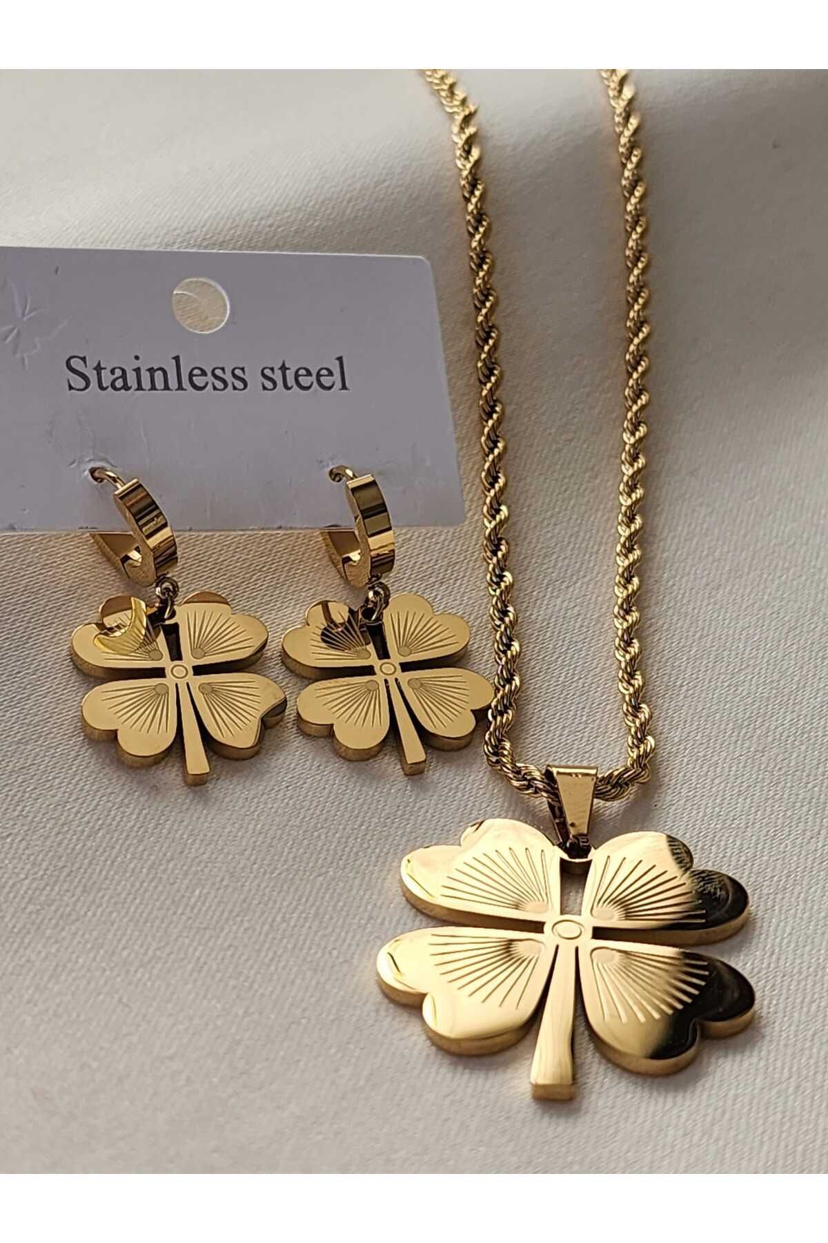 YONCA ÇELİK KOLYE KÜPE SETİ GOLD BURGU KOLYE 4