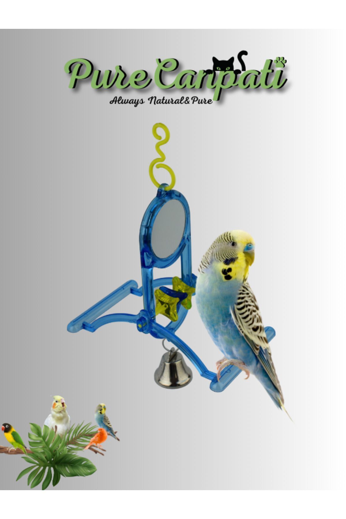 PureCanpati Muhabbet Kuşları İçin Tünekli Aynalı & Zilli Salıncak(Mavi Renk)