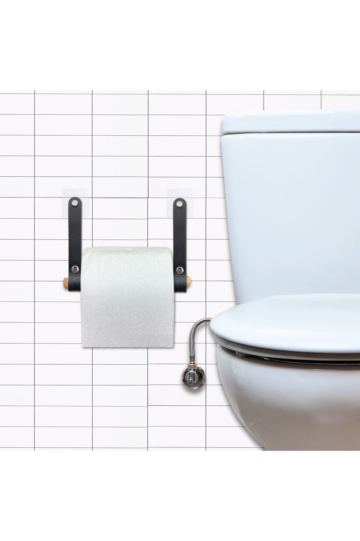 ipekbazaar-Wooden and Leather Toilet Paper Holder - Adhesive Bathroom Paper Towel Holder and Napkin Holder 4