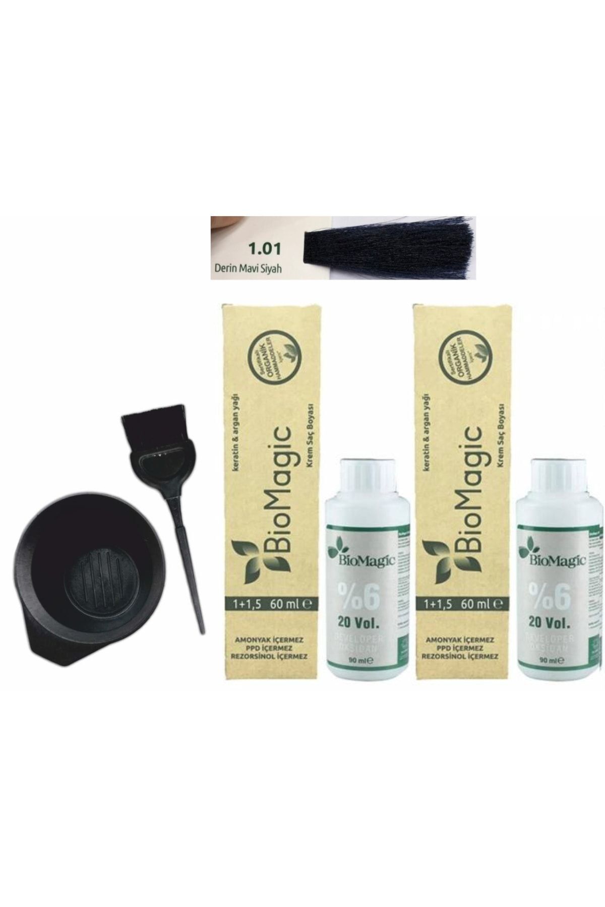BIOMAGIC Organik Keratin+argan Yağlı Boyası1.01 D.mavi Siyah 60ml X2 Adet+oksidan 90ml+boyama Seti