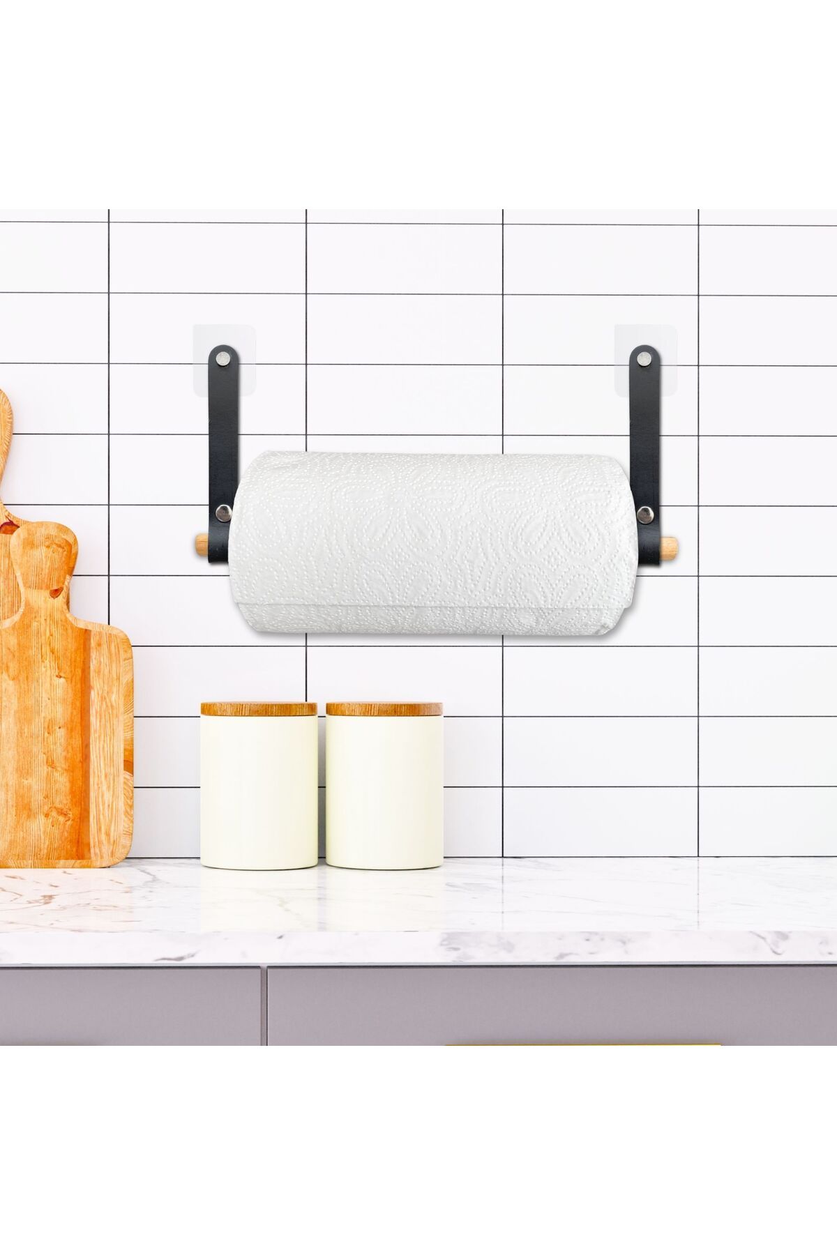 ipekbazaar-Wooden and Leather Toilet Paper Holder - Adhesive Bathroom Paper Towel Holder and Napkin Holder 3