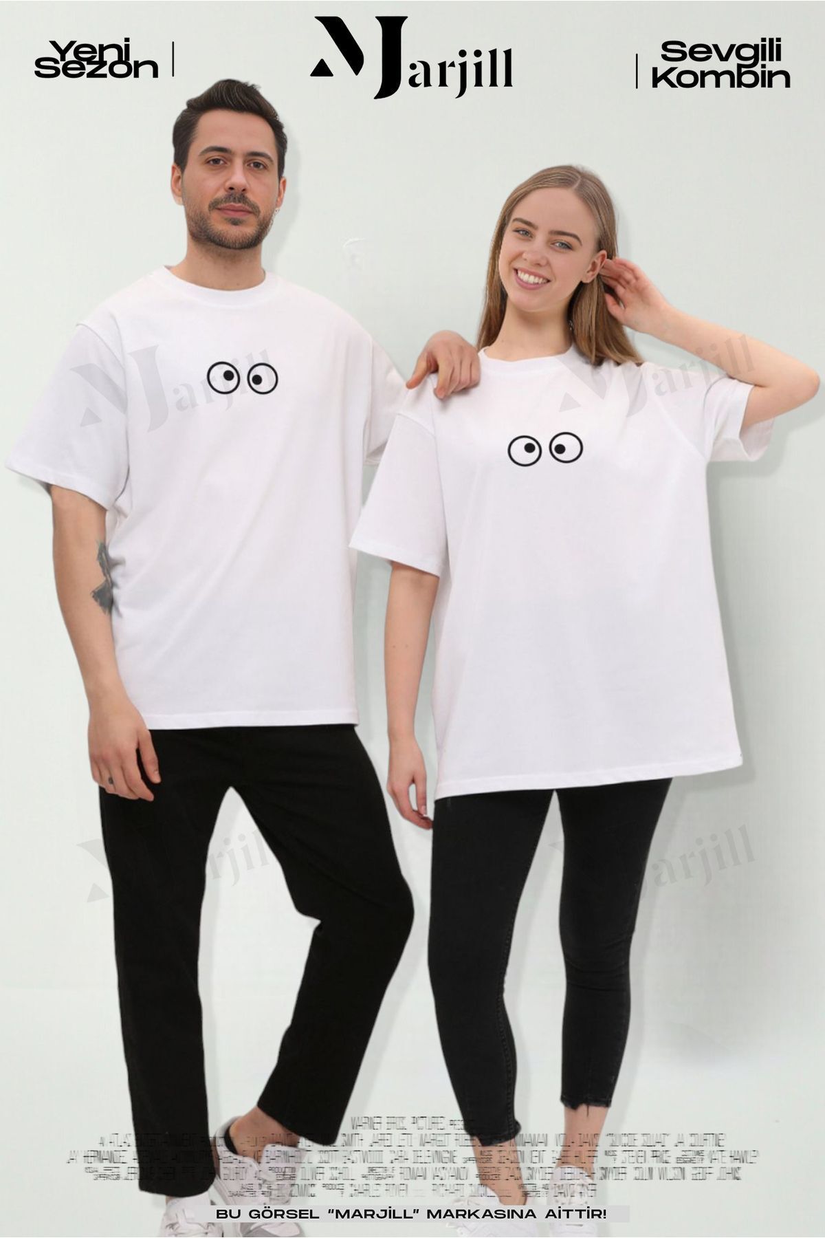 Marjill Combinație De Cuplu Îndrăgostit - Set De 2 Tricouri Supradimensionate Albe Cu Design Cu Ochi Confuz Unisex - XL