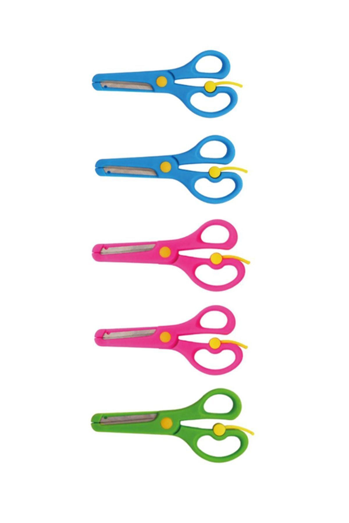 Neon Plastik Korumalı Küt Uçlu Yaylı Çocuk Okul Makası 5 li Set