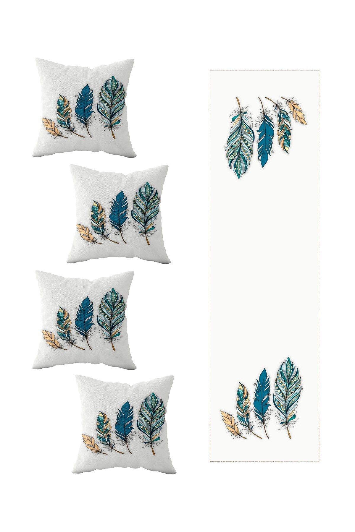 farbala Set De 4 Huse De Pernă Decorative Și Set De Alergare - Masă De Bucătărie Pentru Sufragerie Cu Pene Albe, Modele De Rulotă - One Size