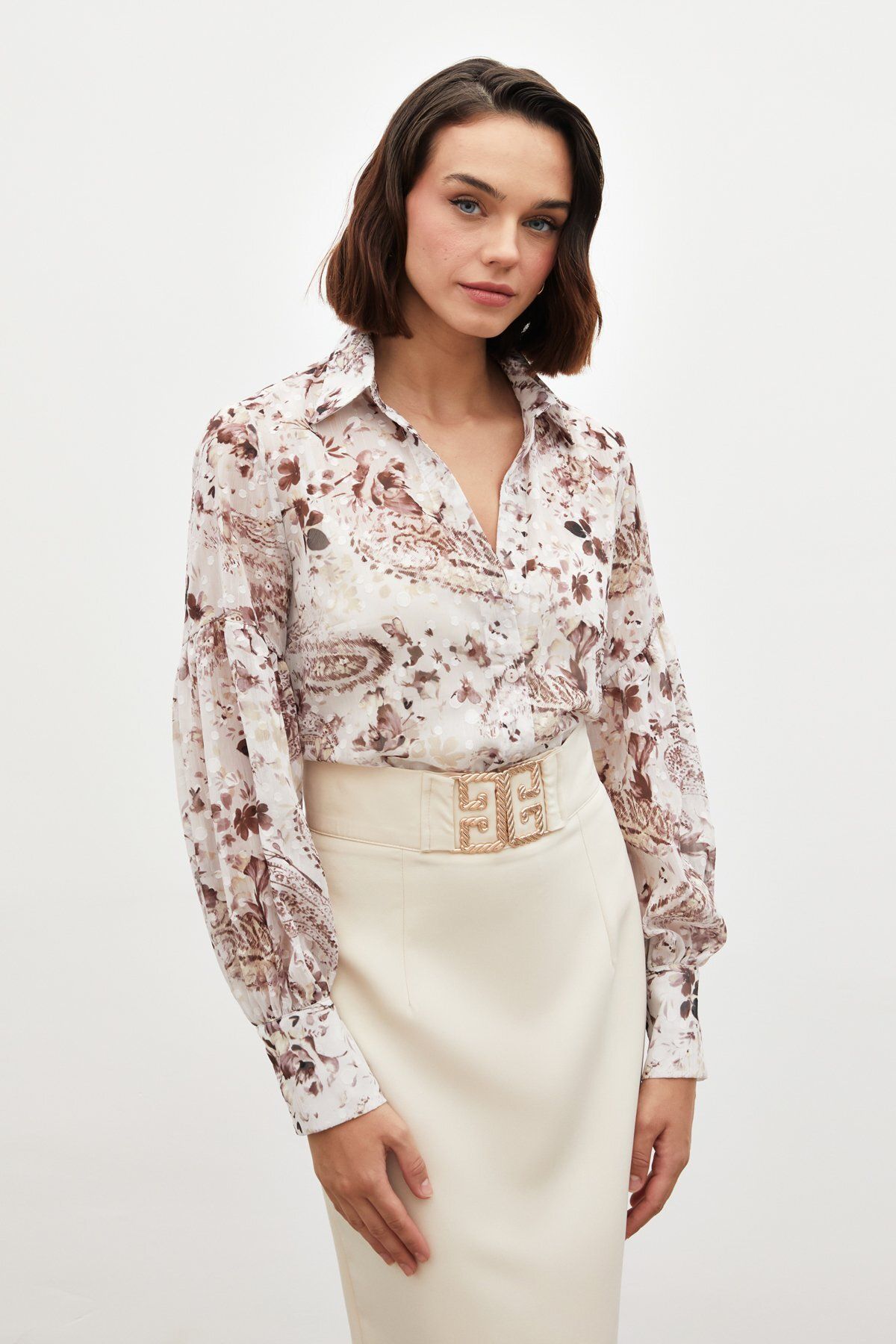 Sateen-Textured Patterned Shirt - Brown 3
