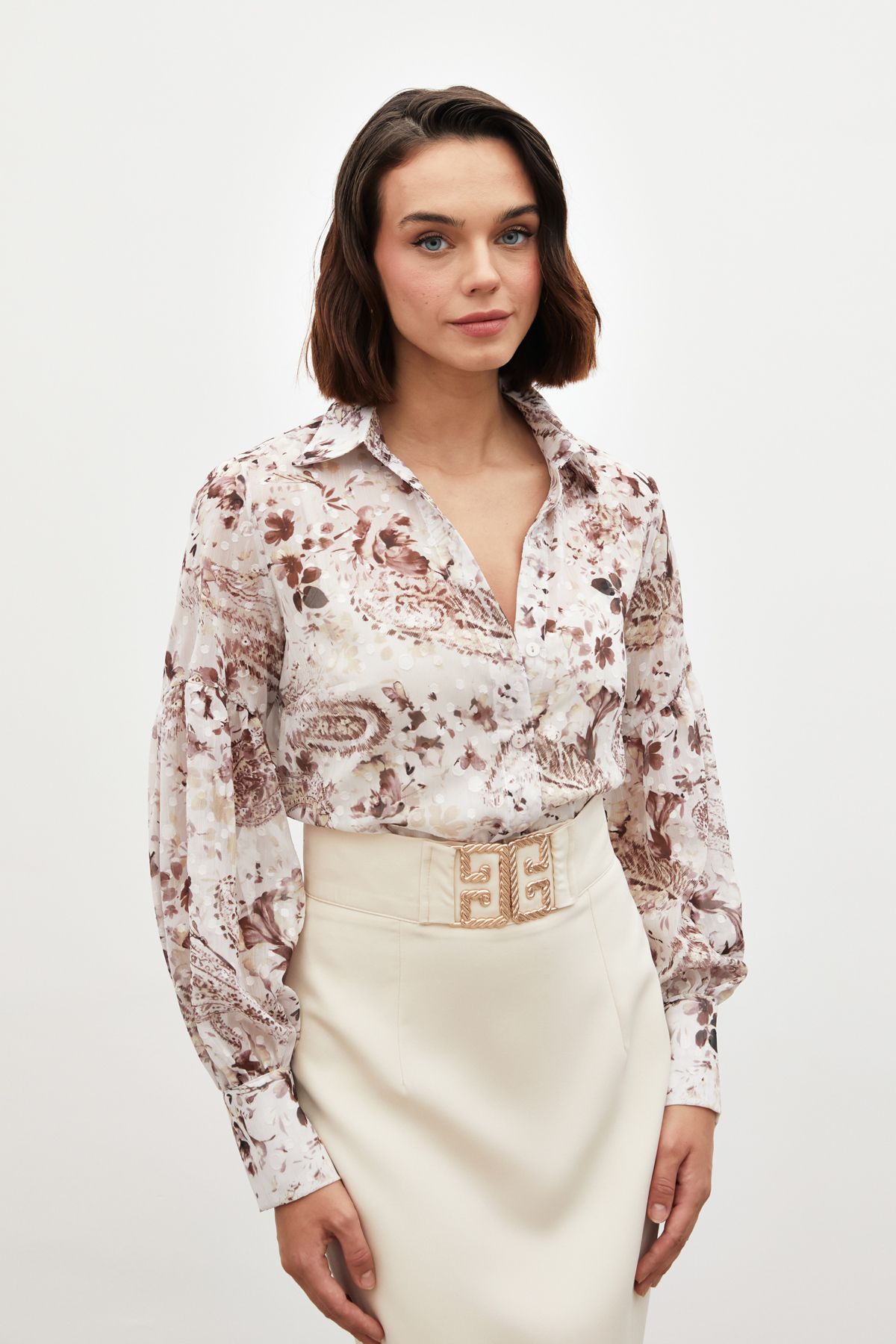 Sateen-Textured Patterned Shirt - Brown 2