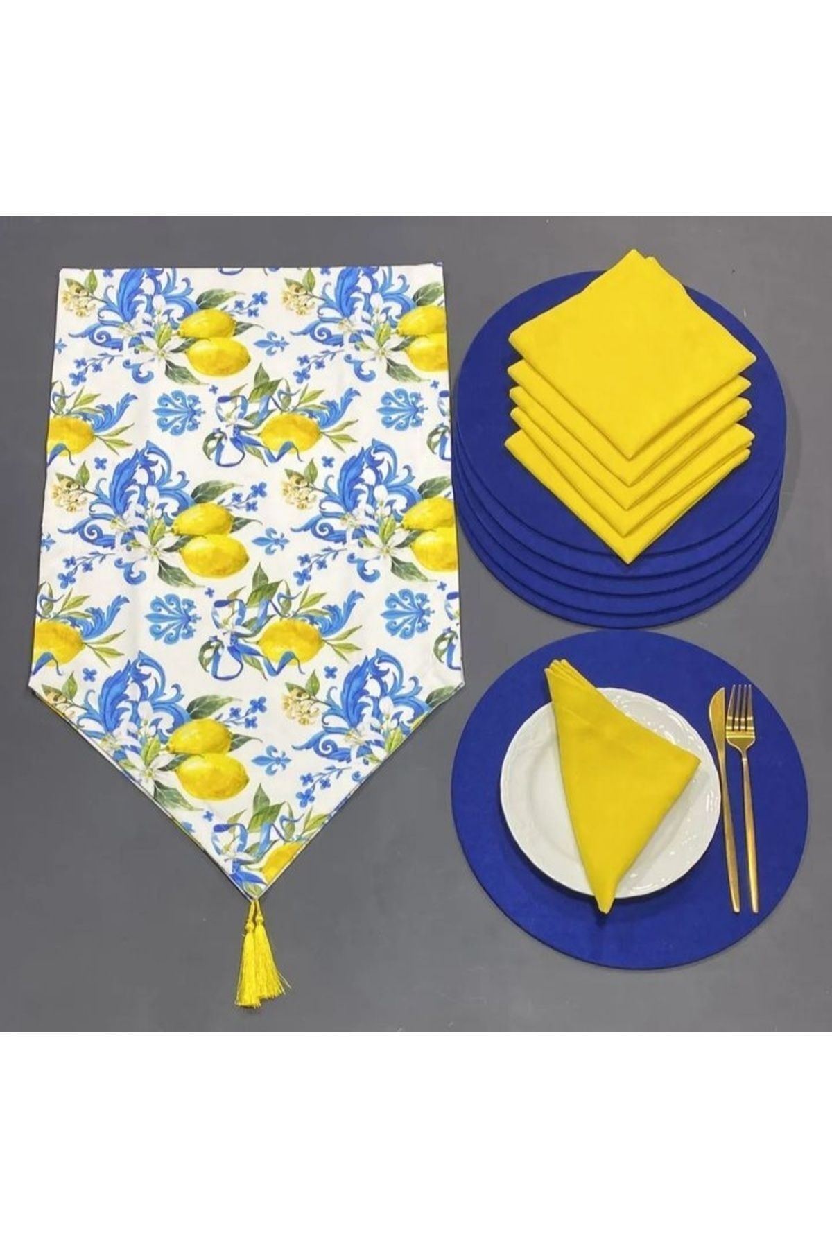 Premier-American & service lemon pattern runner set of 6 blue placemats with 6 serving napkins design 1