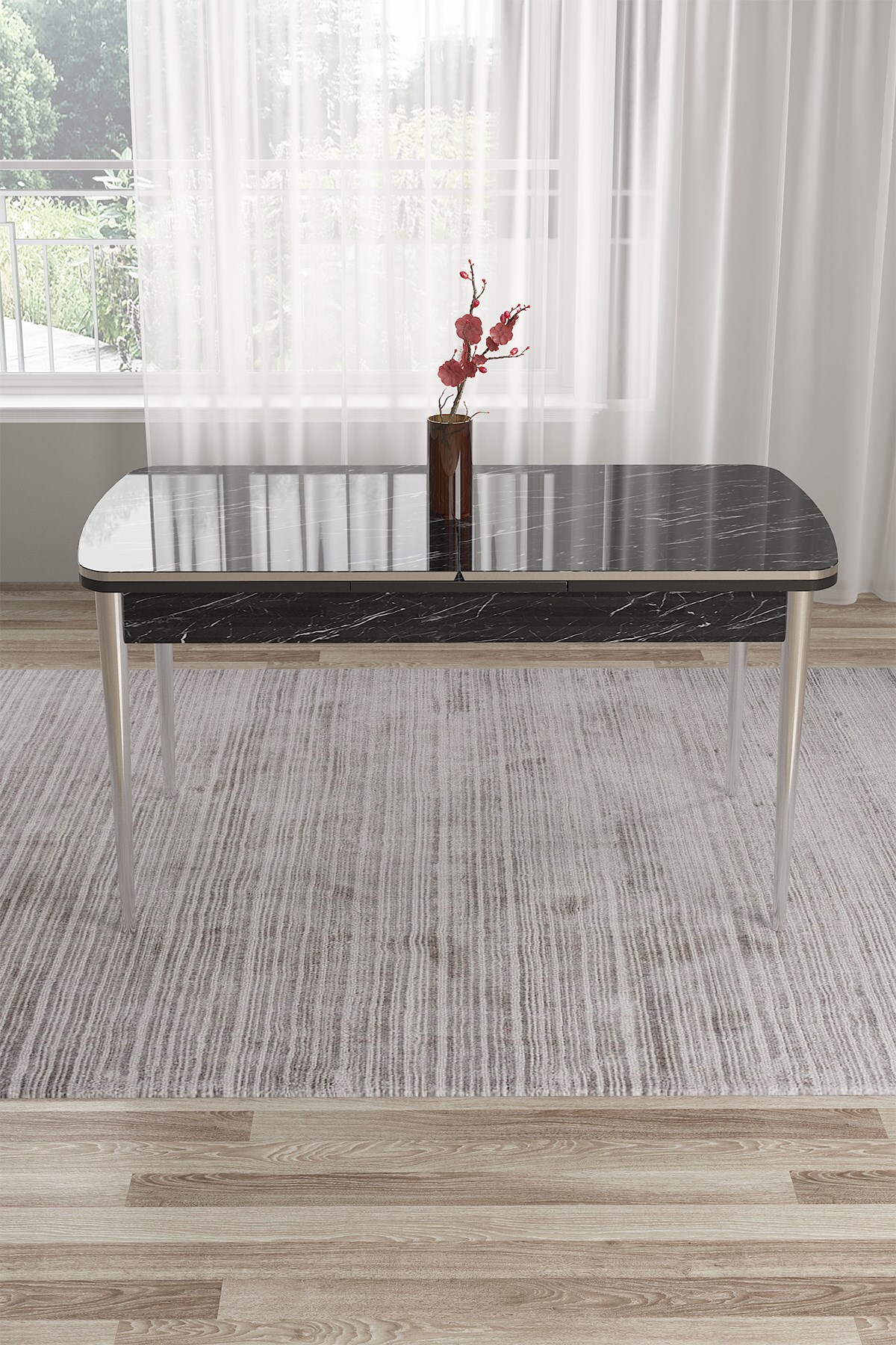 Black Marble Pattern 80x132 Openable Dining Table Chrome Metal Leg