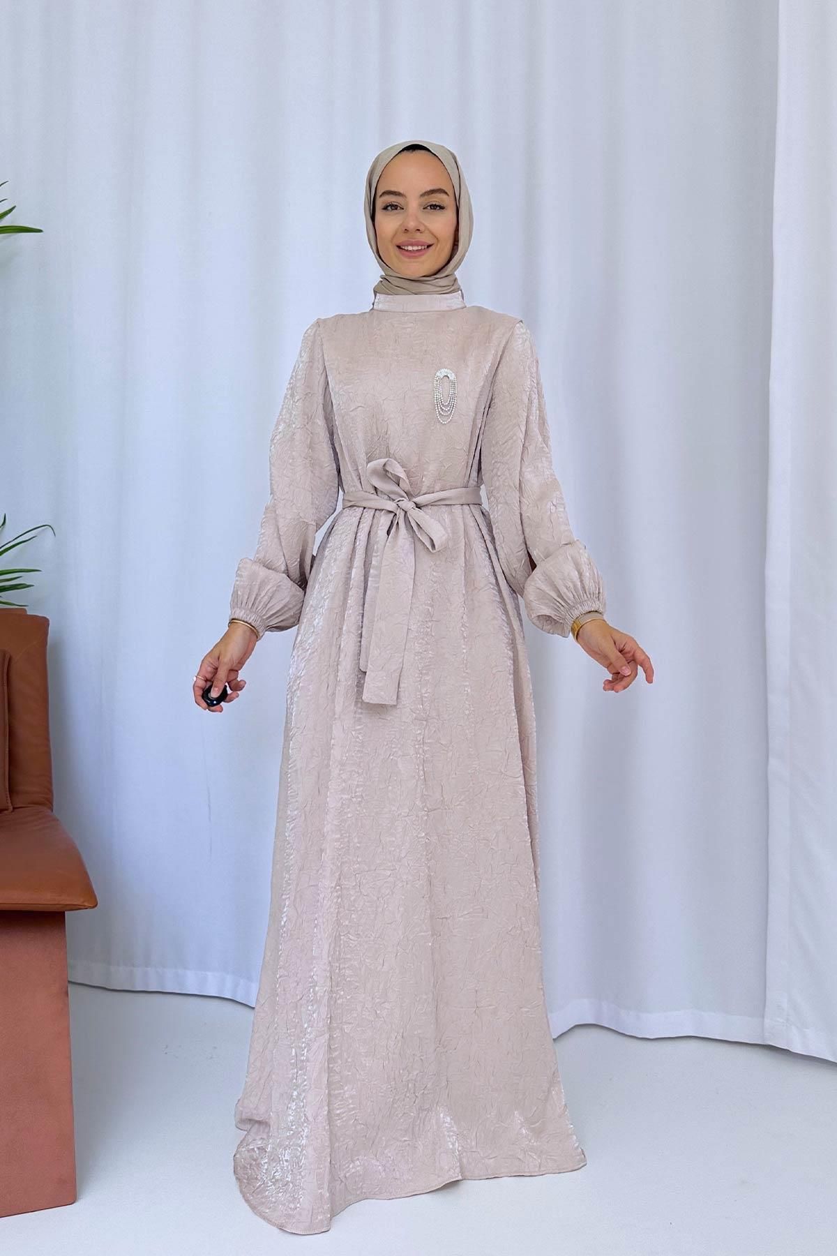 Ka Hijab-Beige Hijab Dress - Brooch Detailed 1