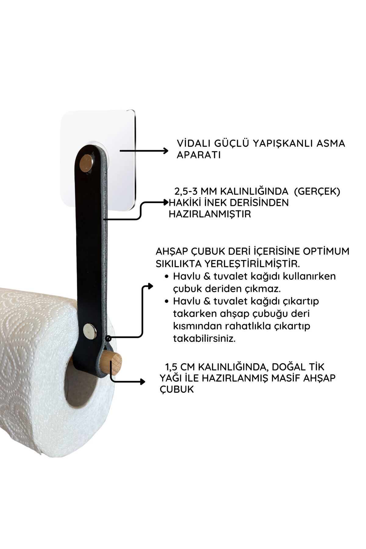 ipekbazaar-Wooden and Leather Toilet Paper Holder - Adhesive Bathroom Paper Towel Holder and Napkin Holder 7